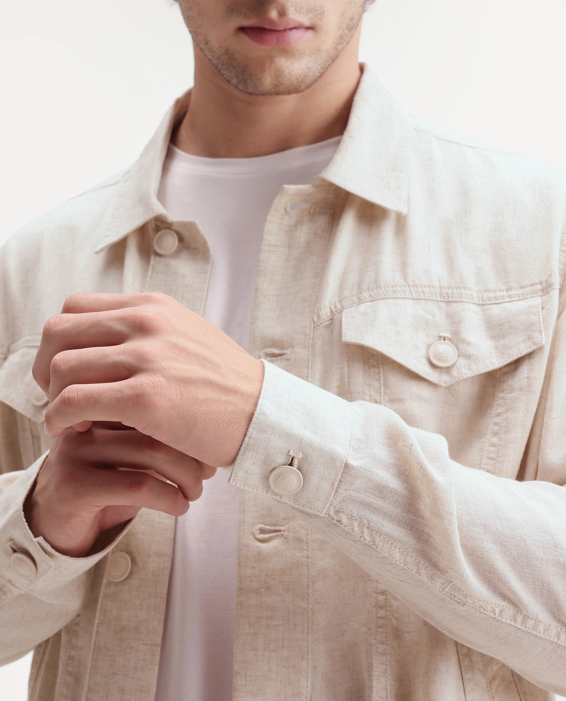 Rare Rabbit Men's Azove-T Beige Cotton Blend Fabric Regular Fit Plain Shacket