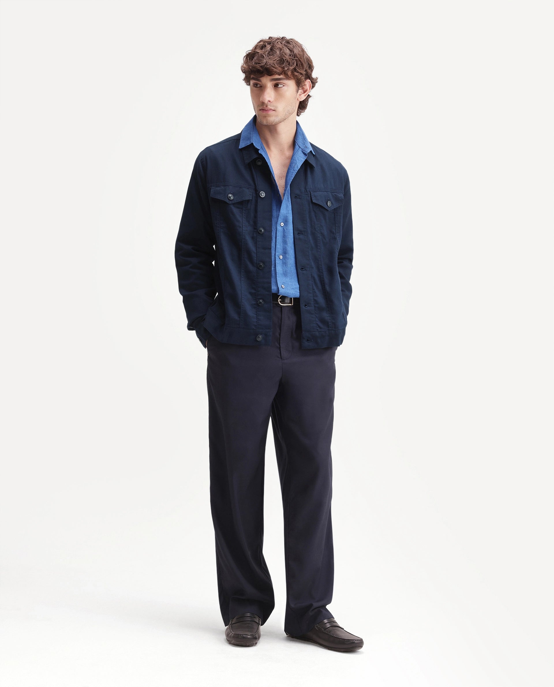 Rare Rabbit Men's Azove-T Navy Cotton Blend Fabric Regular Fit Plain Shacket