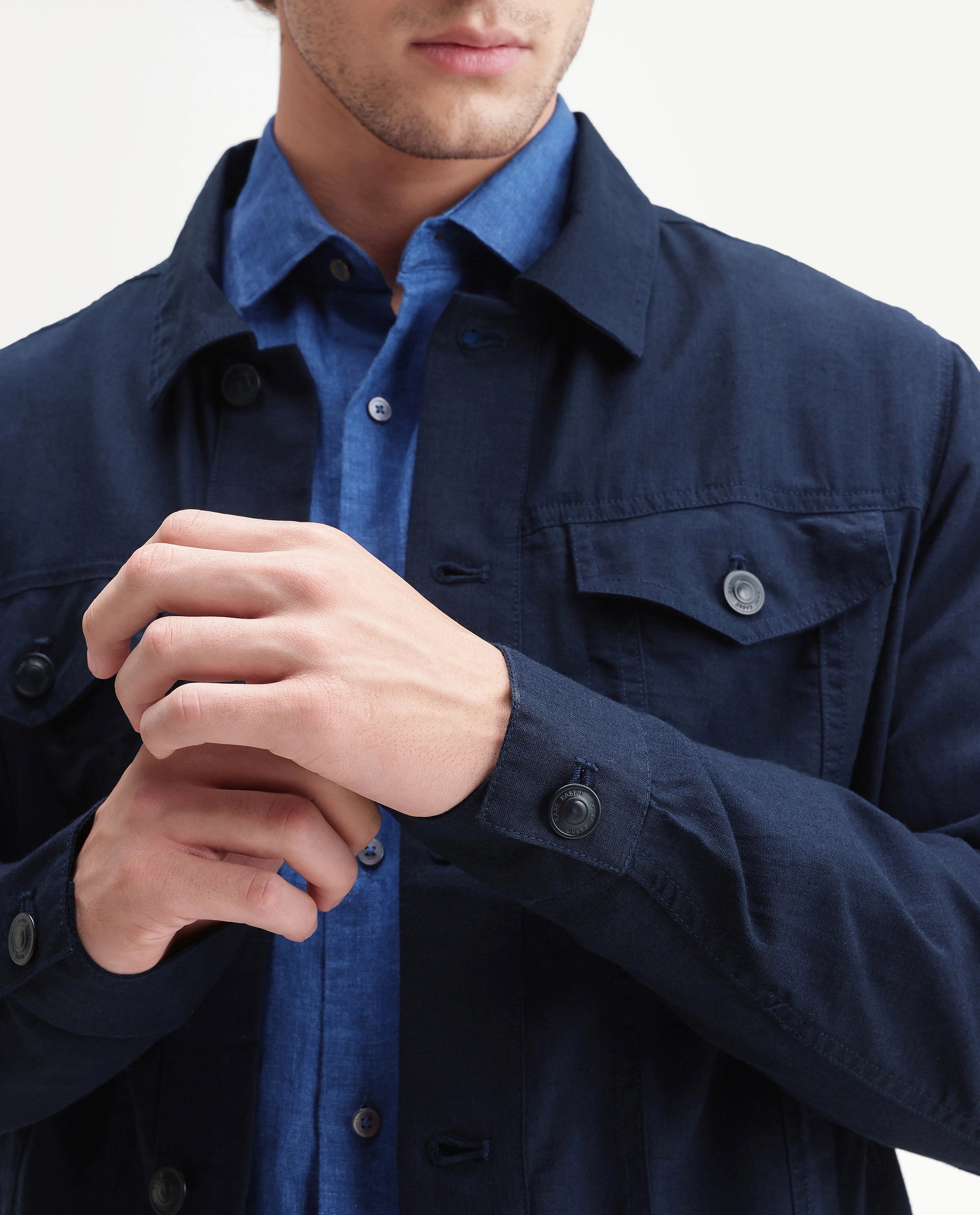 Rare Rabbit Men's Azove-T Navy Cotton Blend Fabric Regular Fit Plain Shacket