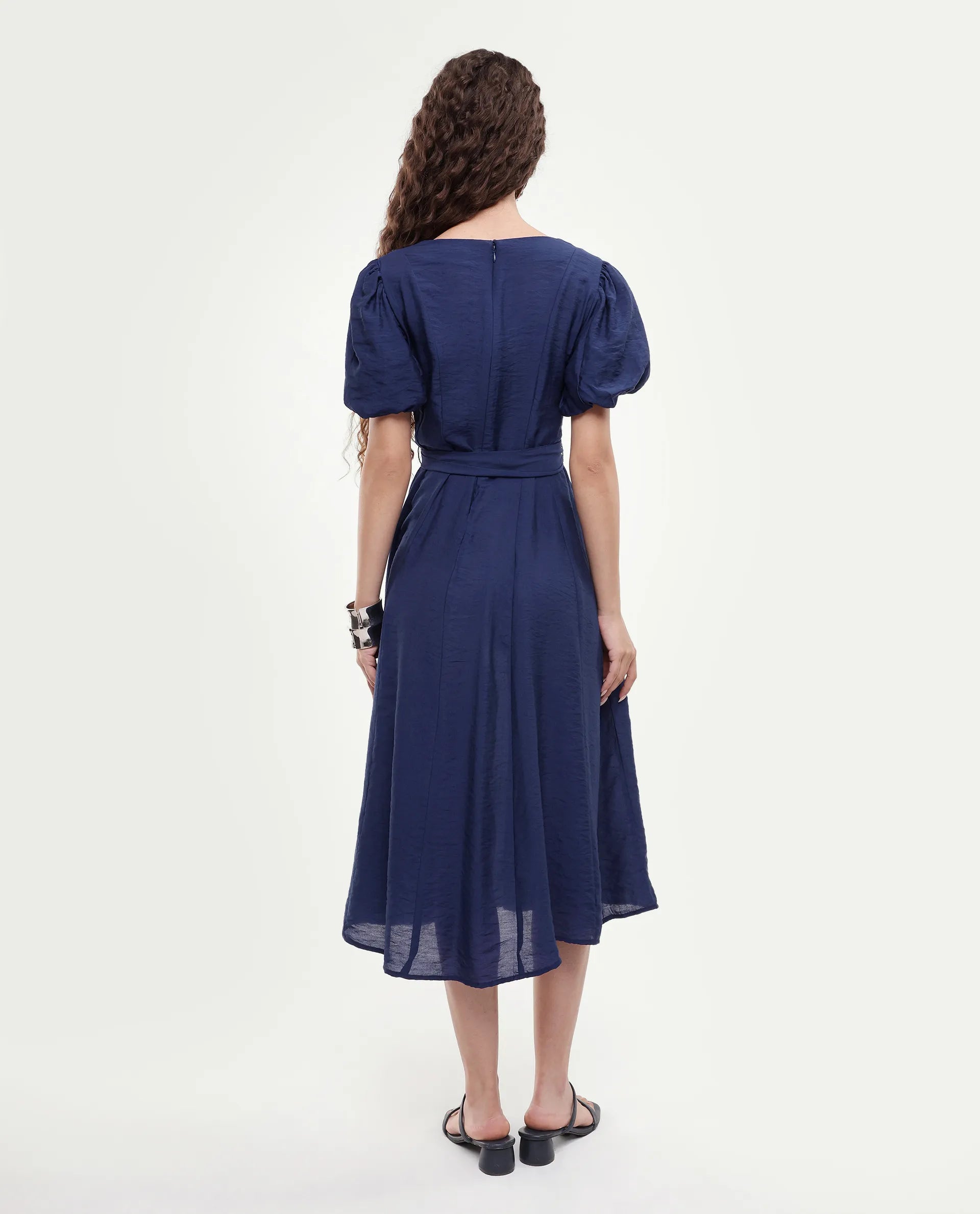 Rareism Women's Addvan Navy Half Sleeve V-Neck A-Line Plain Dress