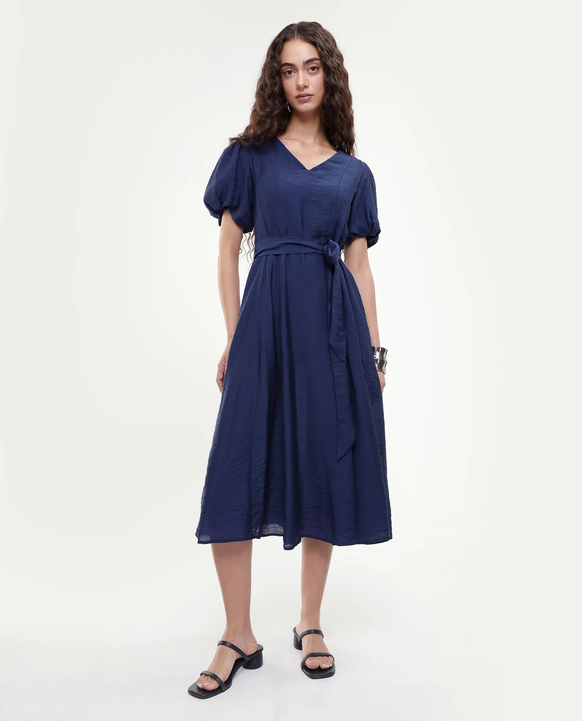 Rareism Women's Addvan Navy Half Sleeve V-Neck A-Line Plain Dress