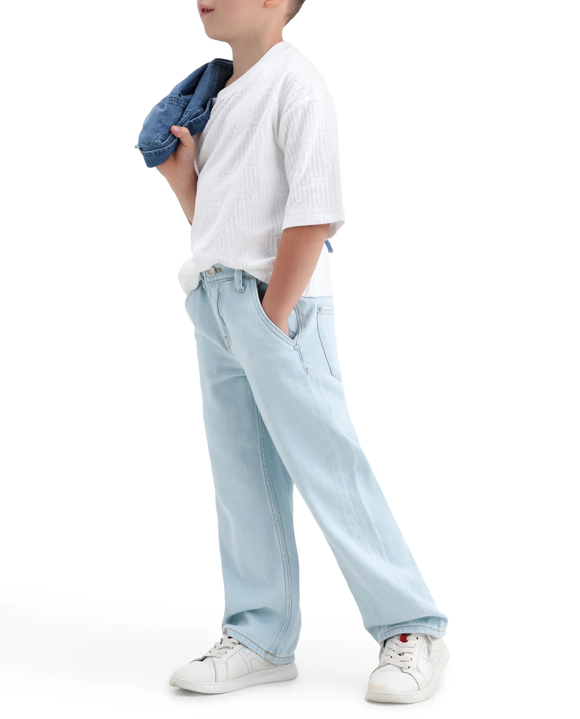 Rare Ones Kids Kasen-2 Light Blue Cotton Blend Shank Button Closure Slouchy Fit Jeans