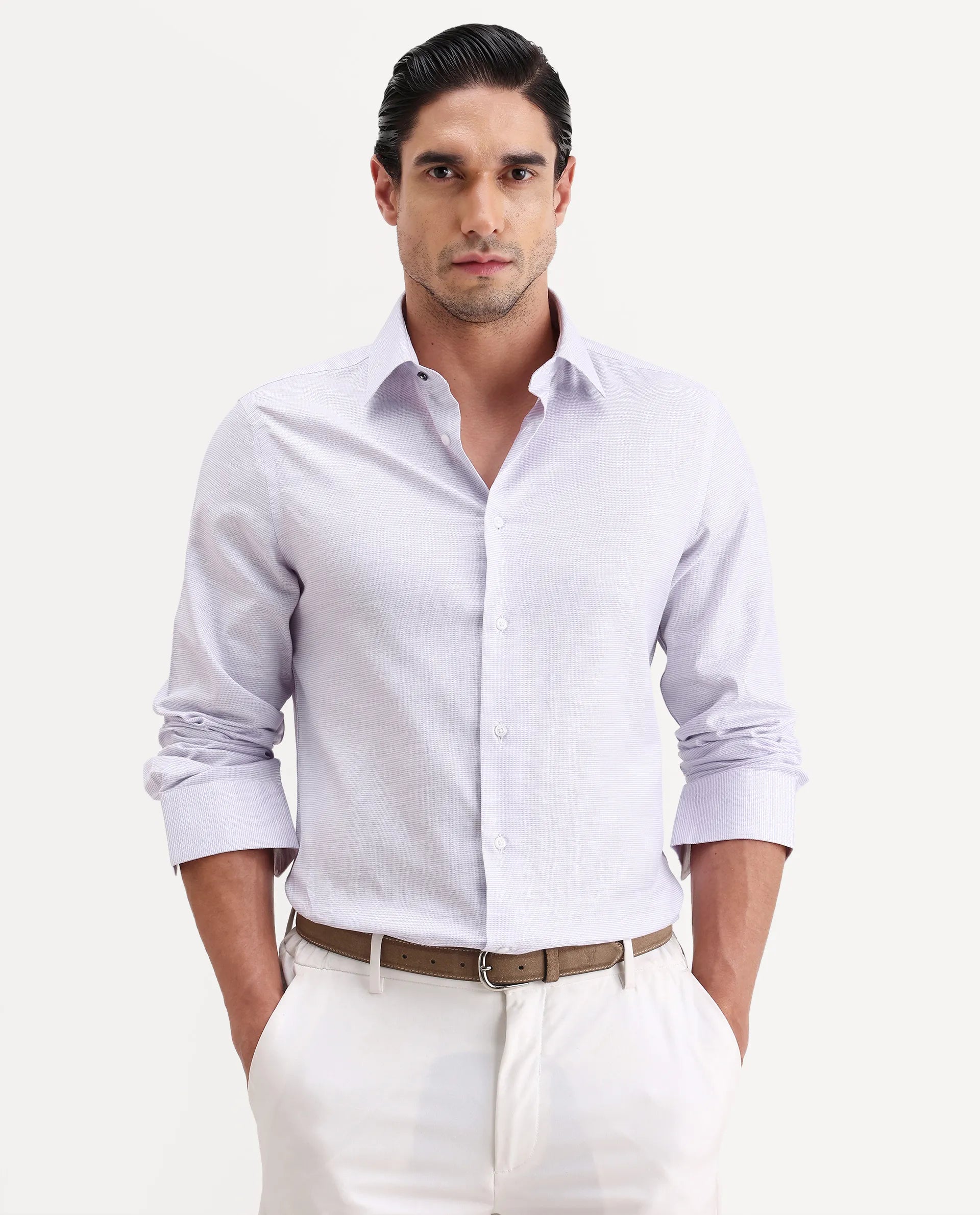 Rare Rabbit Men's Reef Light Purple Cotton Fabric Full Sleeve Spread Collar Button Regular Plain Shirt