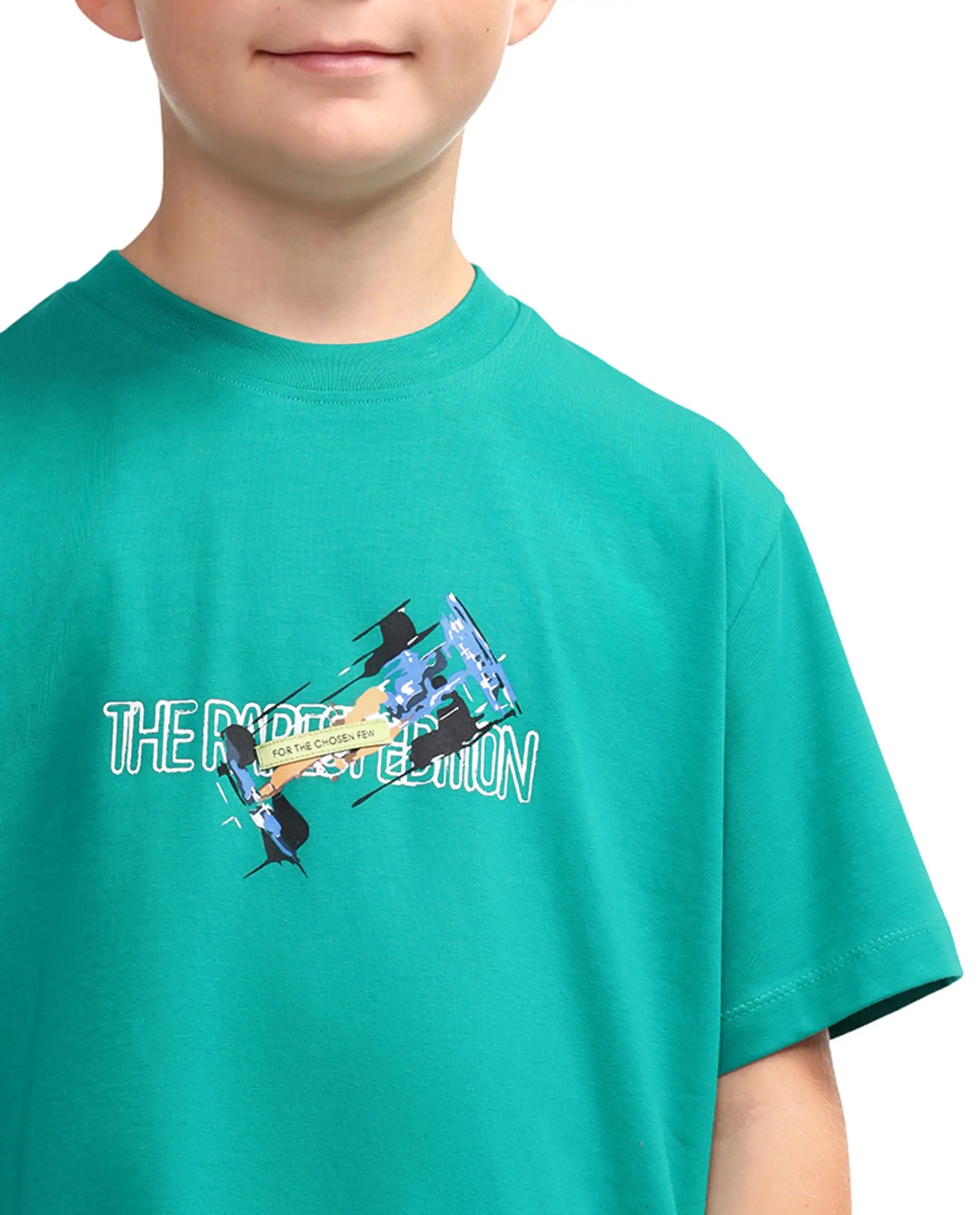 Rare Ones Kids Azur Green Cotton Blend Pull-On Closure Badge Applique Regular Fit T-Shirt