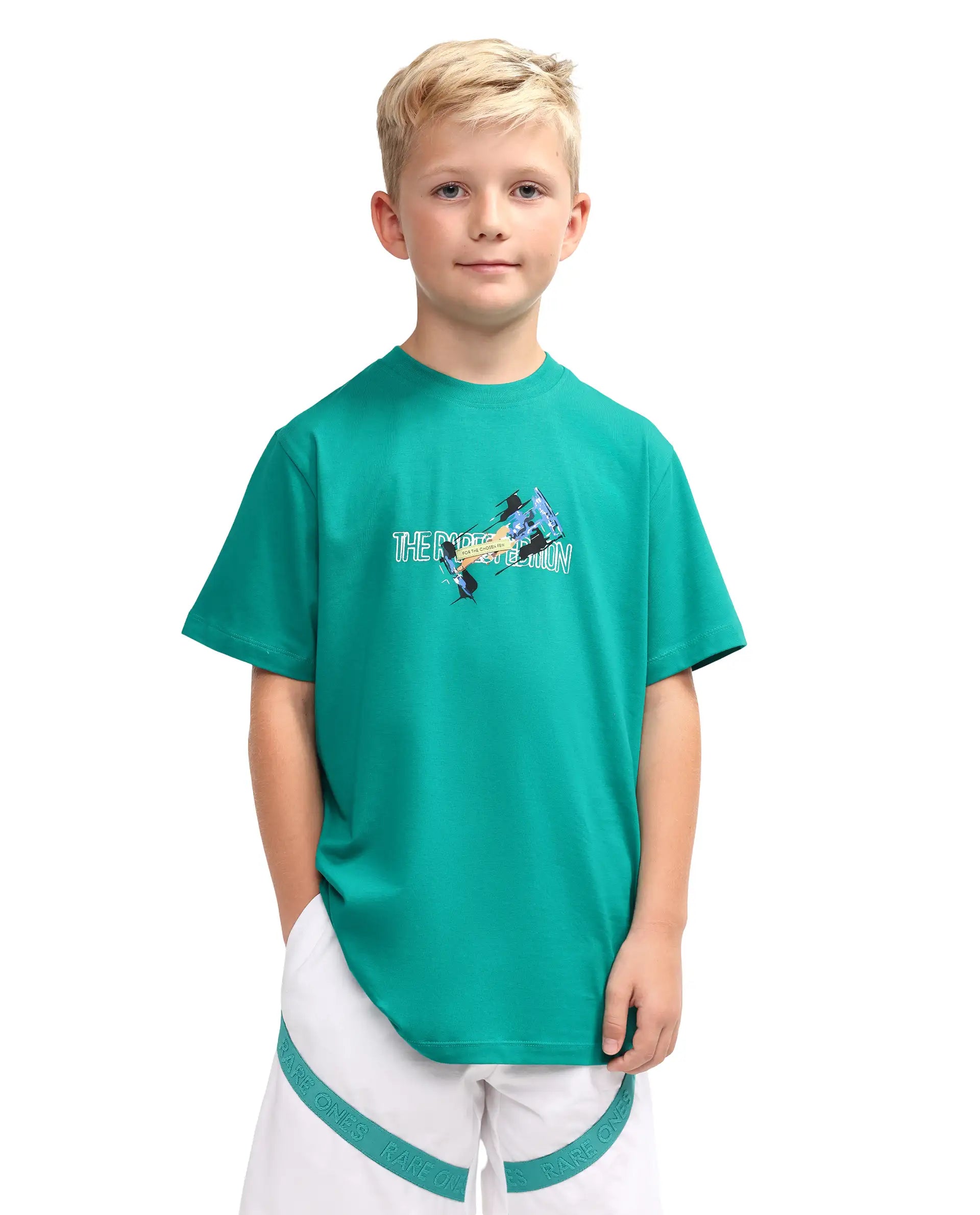 Rare Ones Kids Azur Green Cotton Blend Pull-On Closure Badge Applique Regular Fit T-Shirt