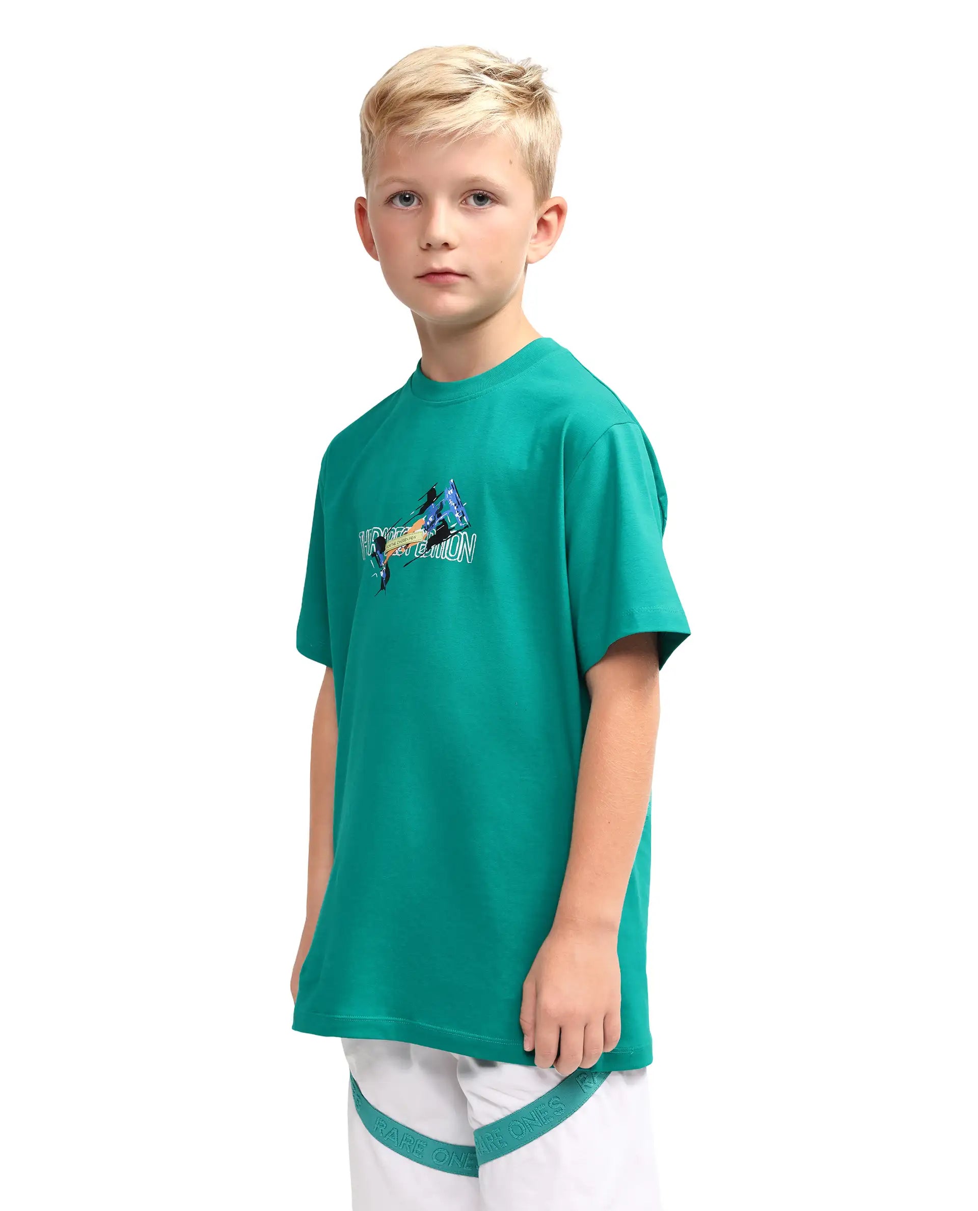 Rare Ones Kids Azur Green Cotton Blend Pull-On Closure Badge Applique Regular Fit T-Shirt