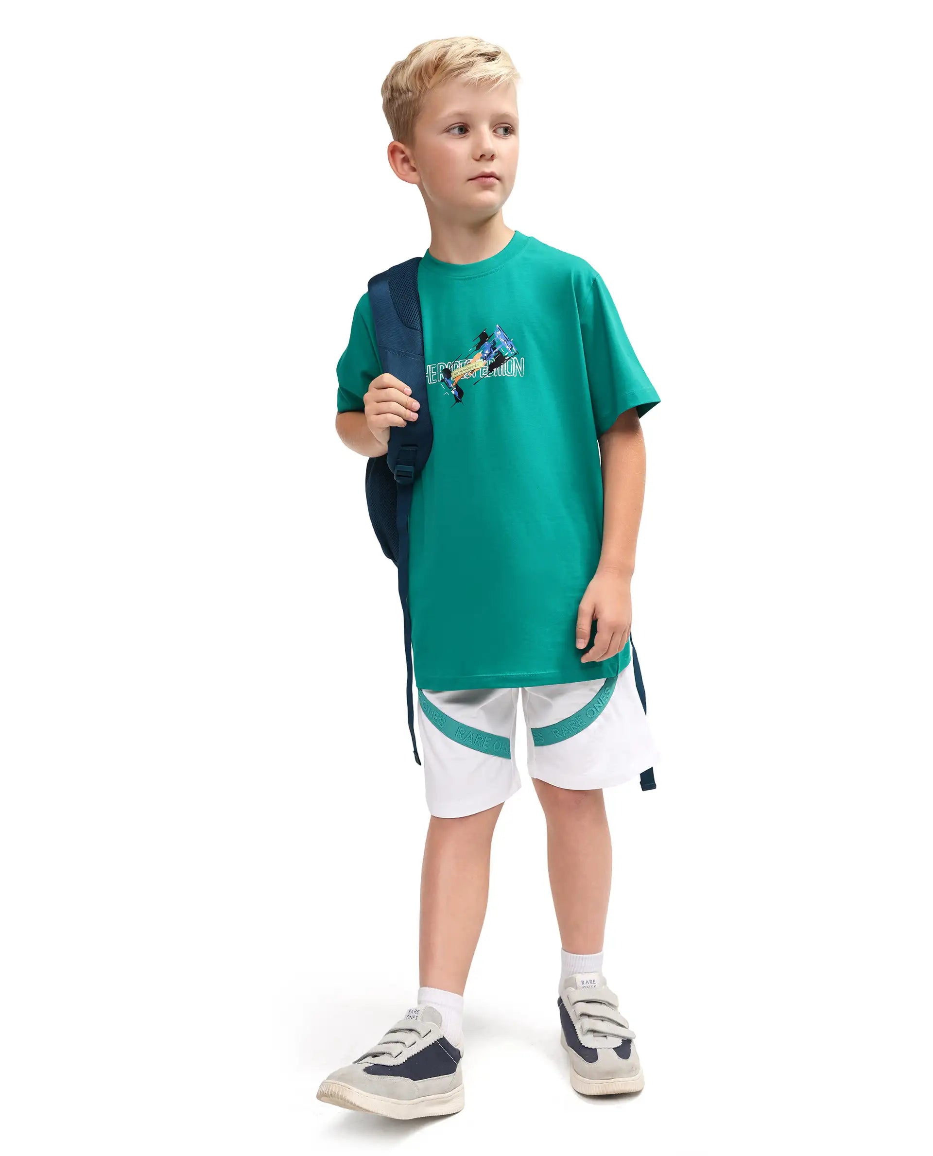 Rare Ones Kids Azur Green Cotton Blend Pull-On Closure Badge Applique Regular Fit T-Shirt