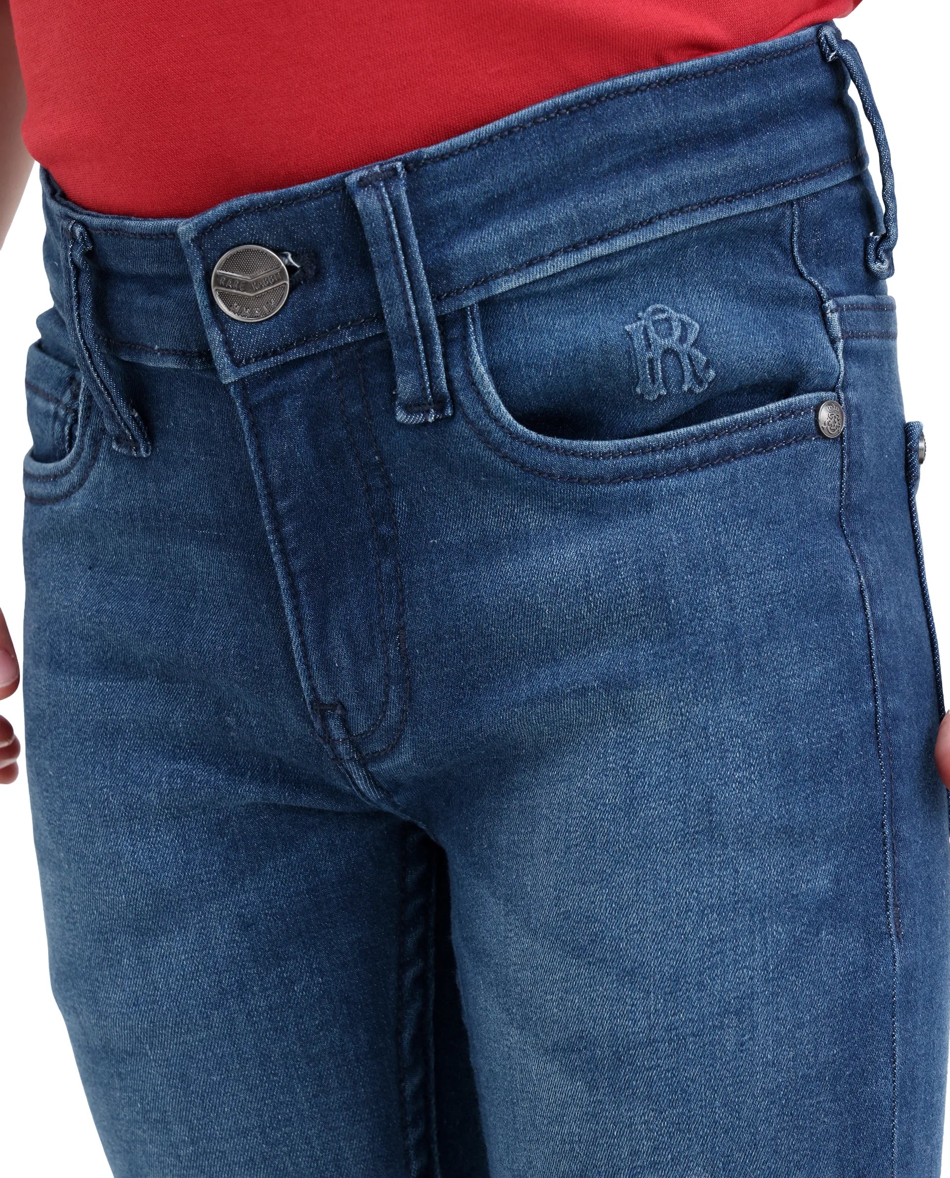 Rare Ones Kids Daito-2 Blue Cotton Blend Fabric Button And Zipper Closure Slim Fit Jeans