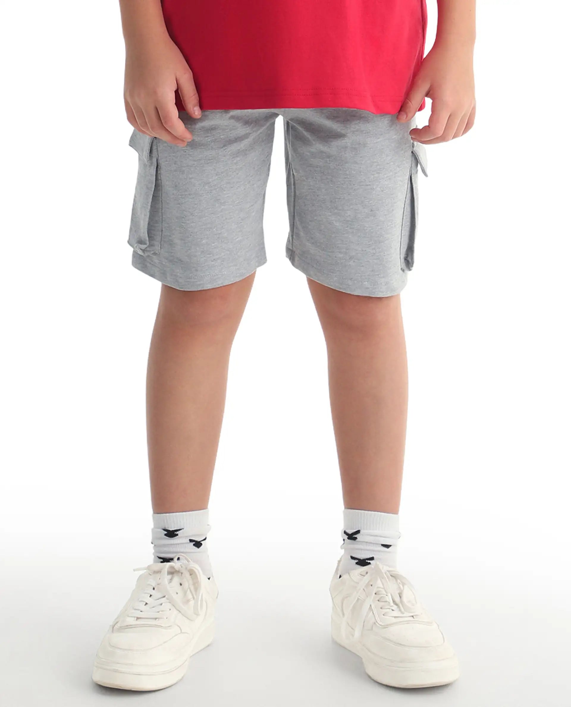Rare Ones Kids Nadal-B Melange Grey Cotton Fabric Drawstring Closure Cargo Fit Shorts