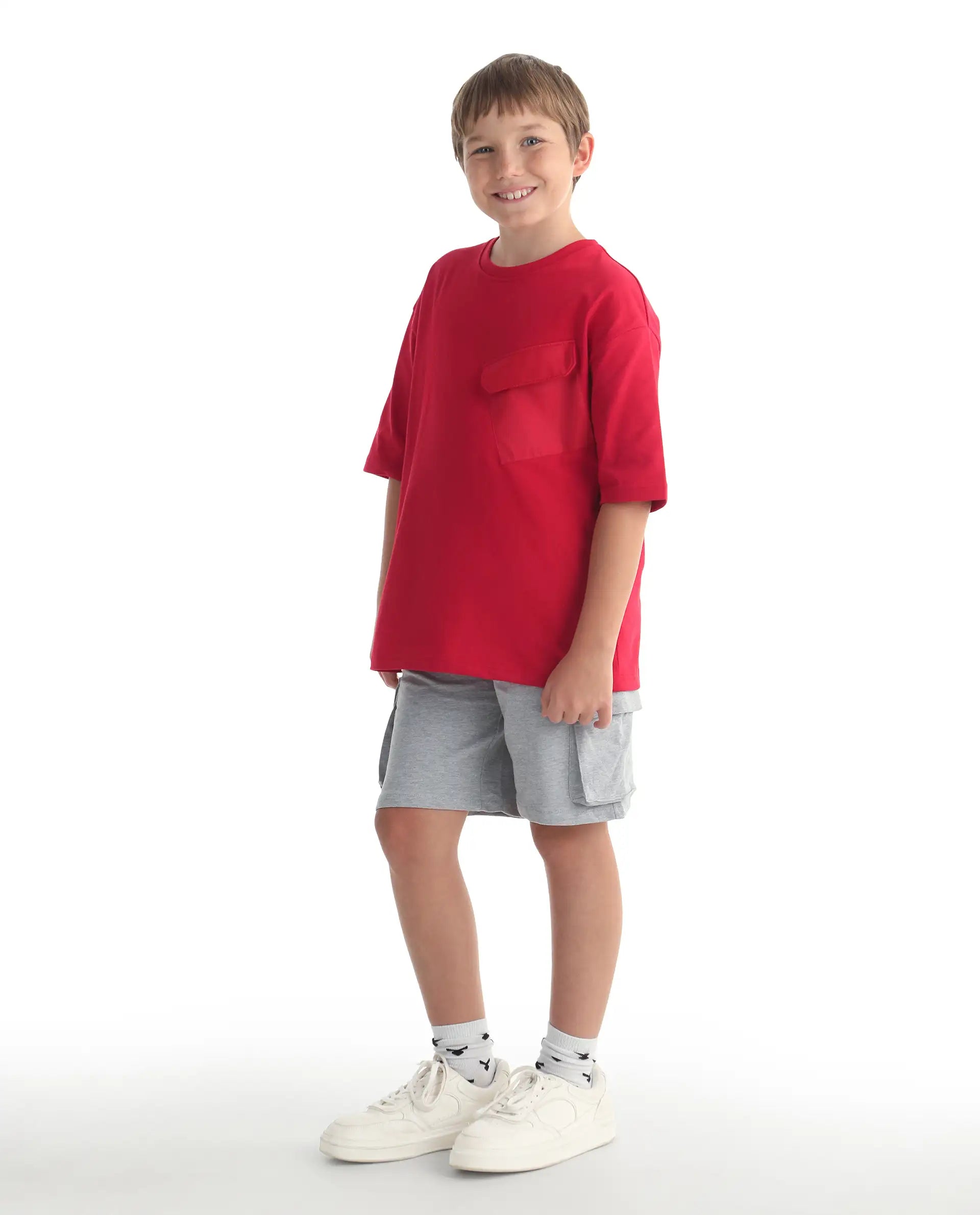 Rare Ones Kids Nadal-B Melange Grey Cotton Fabric Drawstring Closure Cargo Fit Shorts