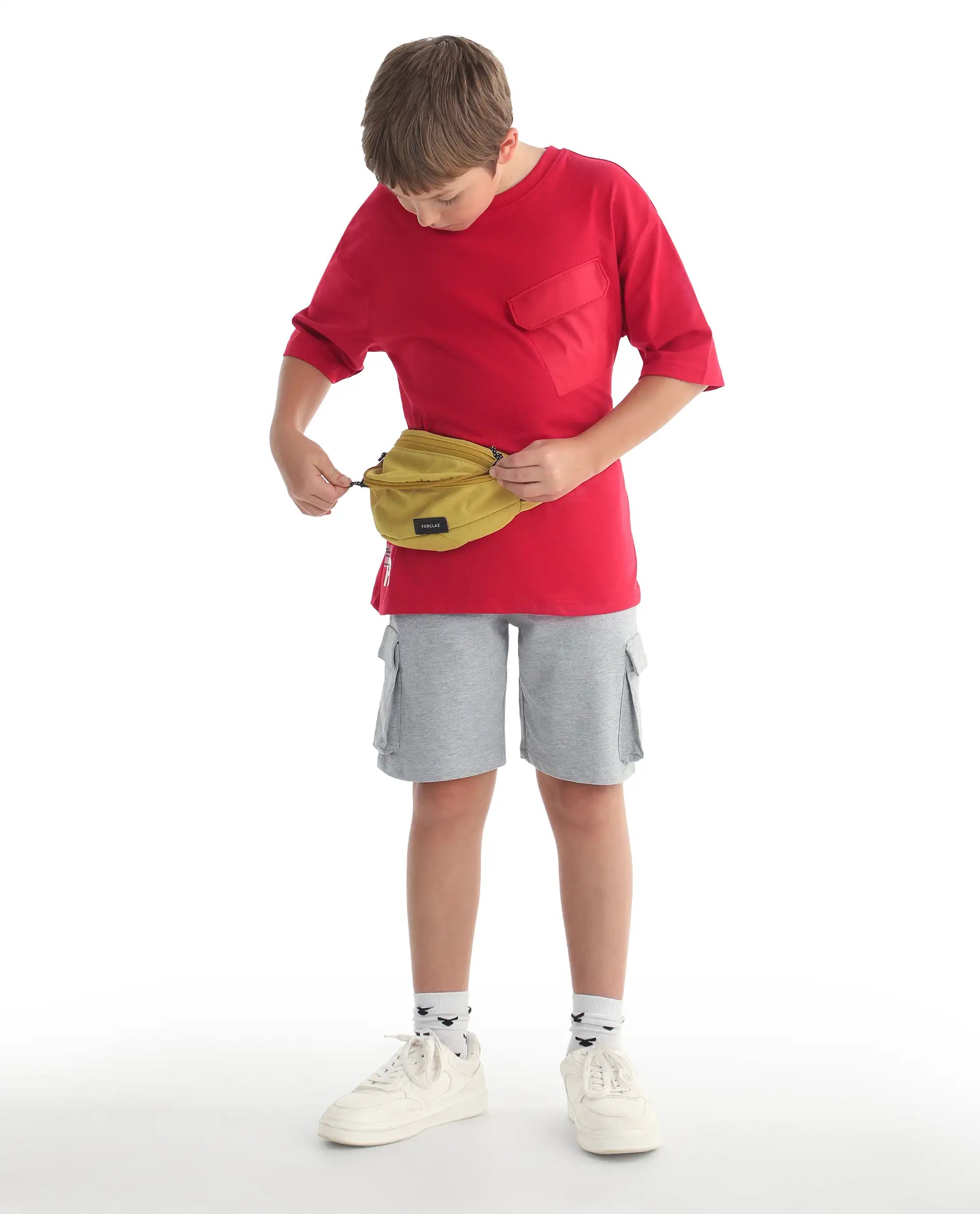Rare Ones Kids Nadal-B Melange Grey Cotton Fabric Drawstring Closure Cargo Fit Shorts