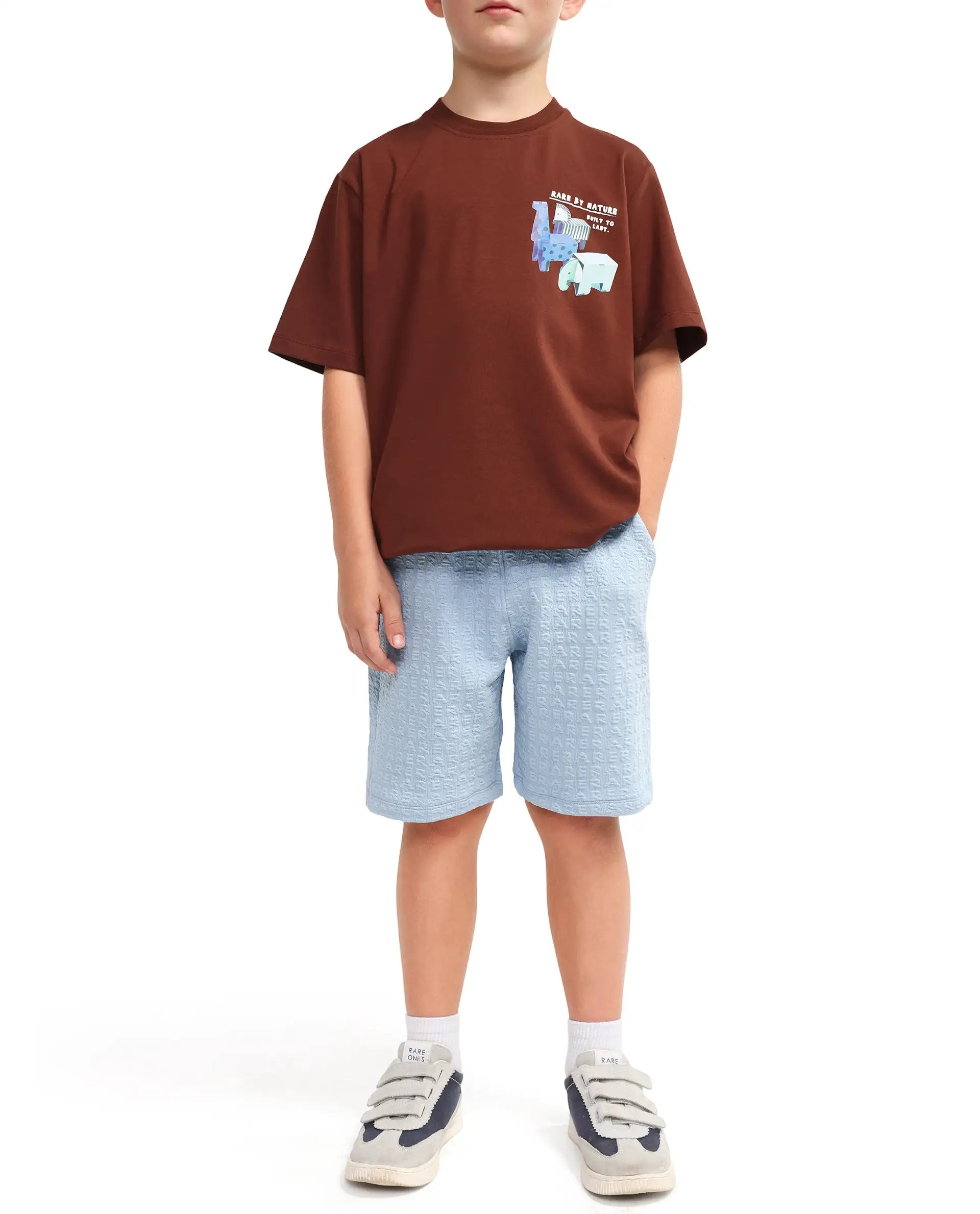 Rare Ones Kids Myrok-B Blue Polyester Blend Fabric Drawstring Closure Jacquard Regular Fit Shorts