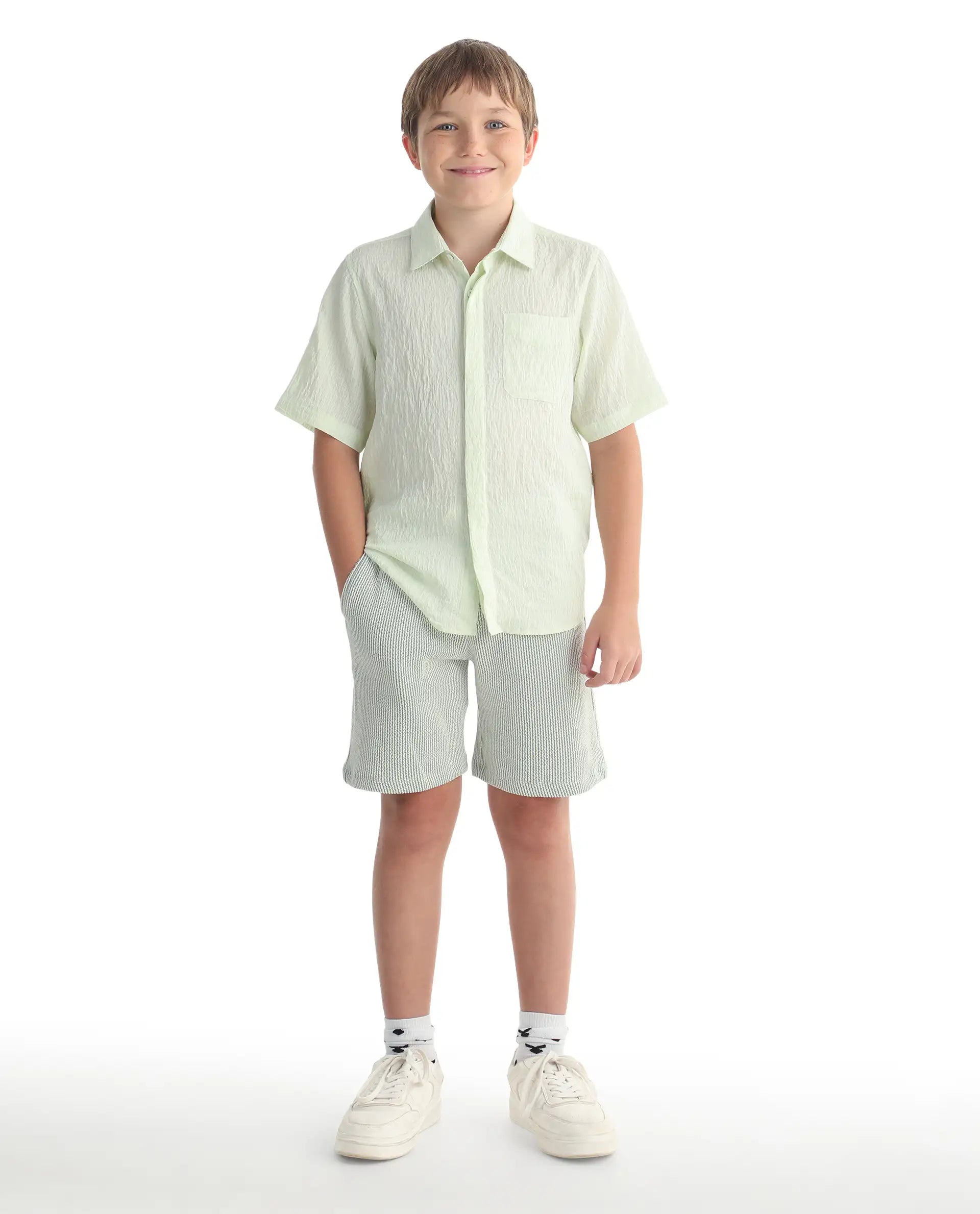 Rare Ones Kids John26-B Light Green Cotton Blend Fabric Drawstring Closure Regular Fit Shorts