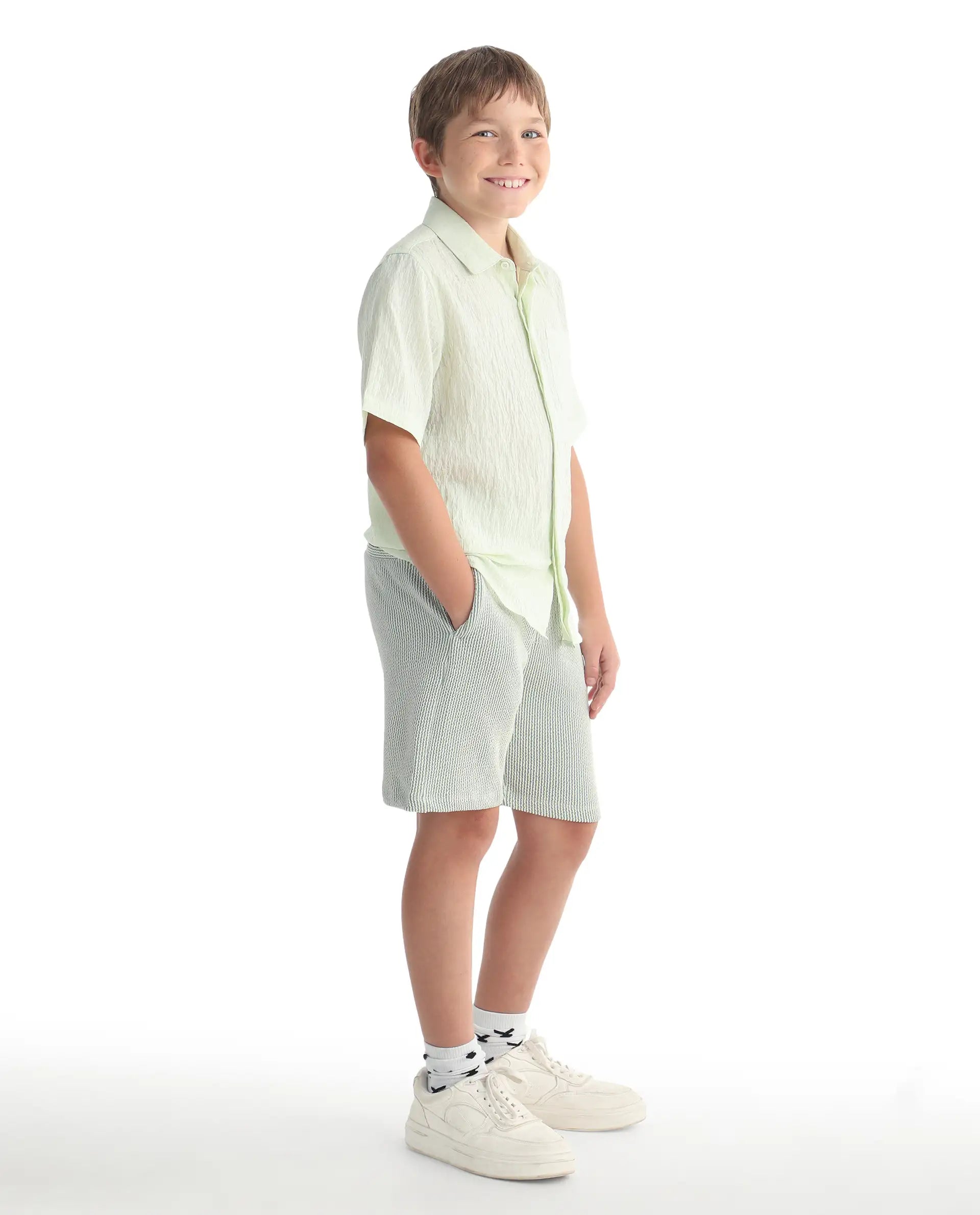 Rare Ones Kids John26-B Light Green Cotton Blend Fabric Drawstring Closure Regular Fit Shorts