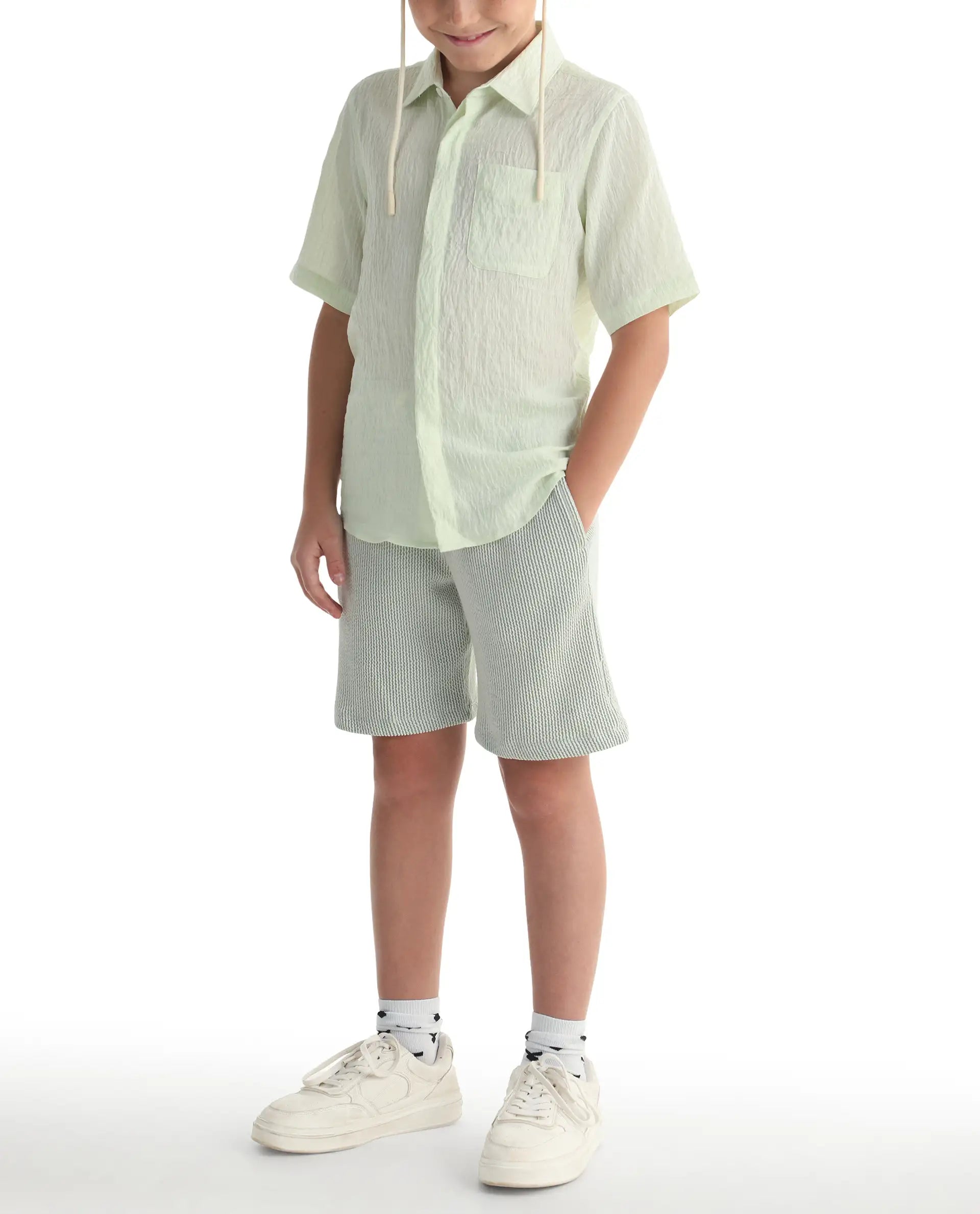Rare Ones Kids John26-B Light Green Cotton Blend Fabric Drawstring Closure Regular Fit Shorts
