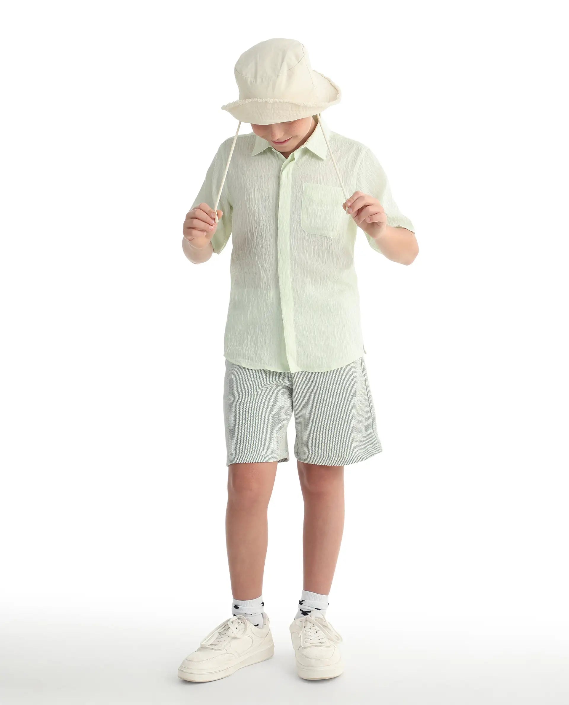 Rare Ones Kids John26-B Light Green Cotton Blend Fabric Drawstring Closure Regular Fit Shorts