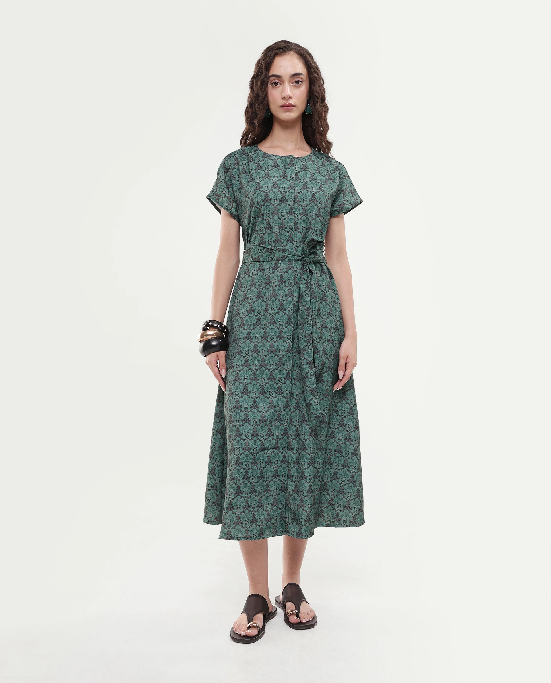 Rareism Women's Addani Dark Green Polyester Fabric Half Sleeve Crew Neck A-Line Floral Print Dress