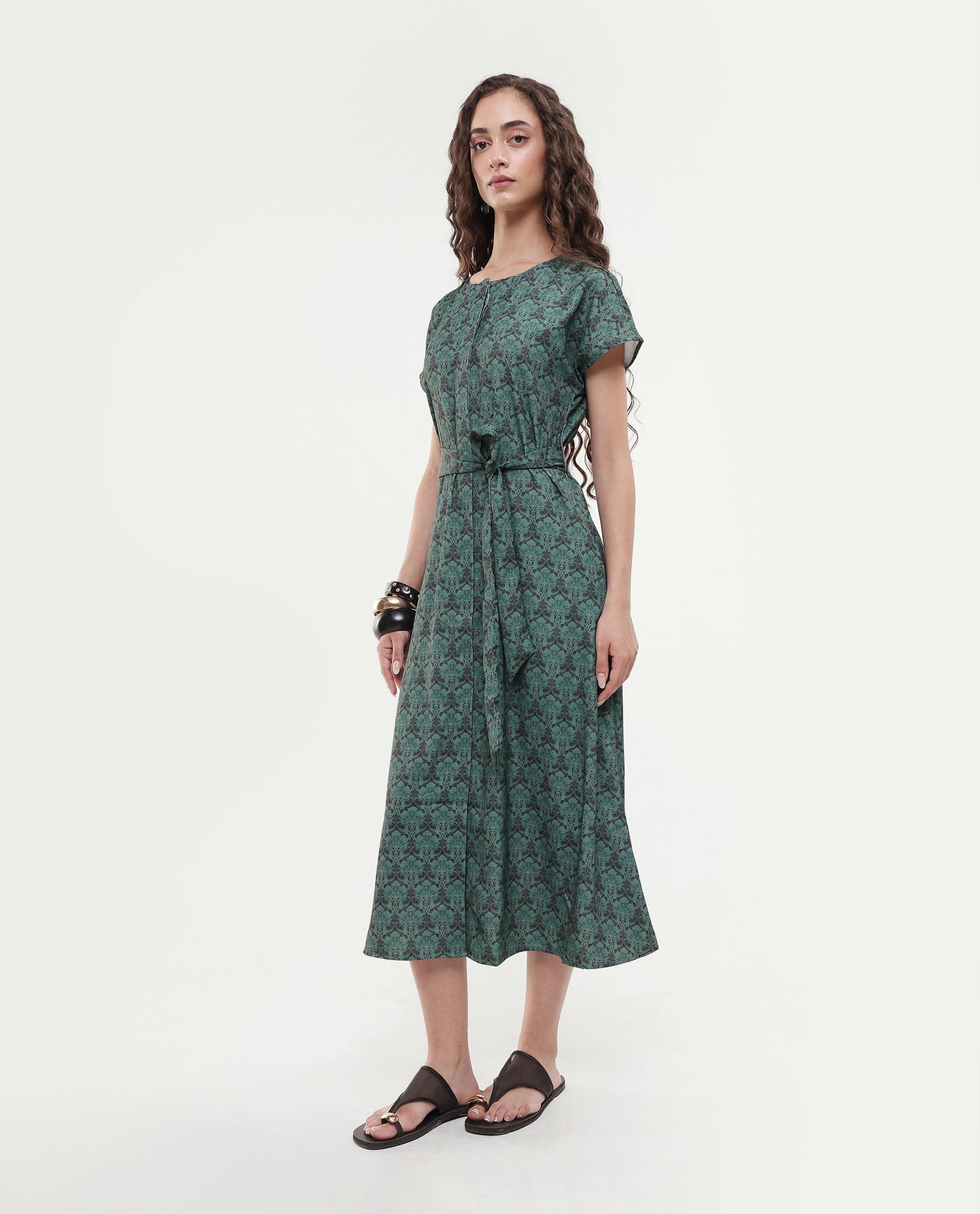 Rareism Women's Addani Dark Green Polyester Fabric Half Sleeve Crew Neck A-Line Floral Print Dress