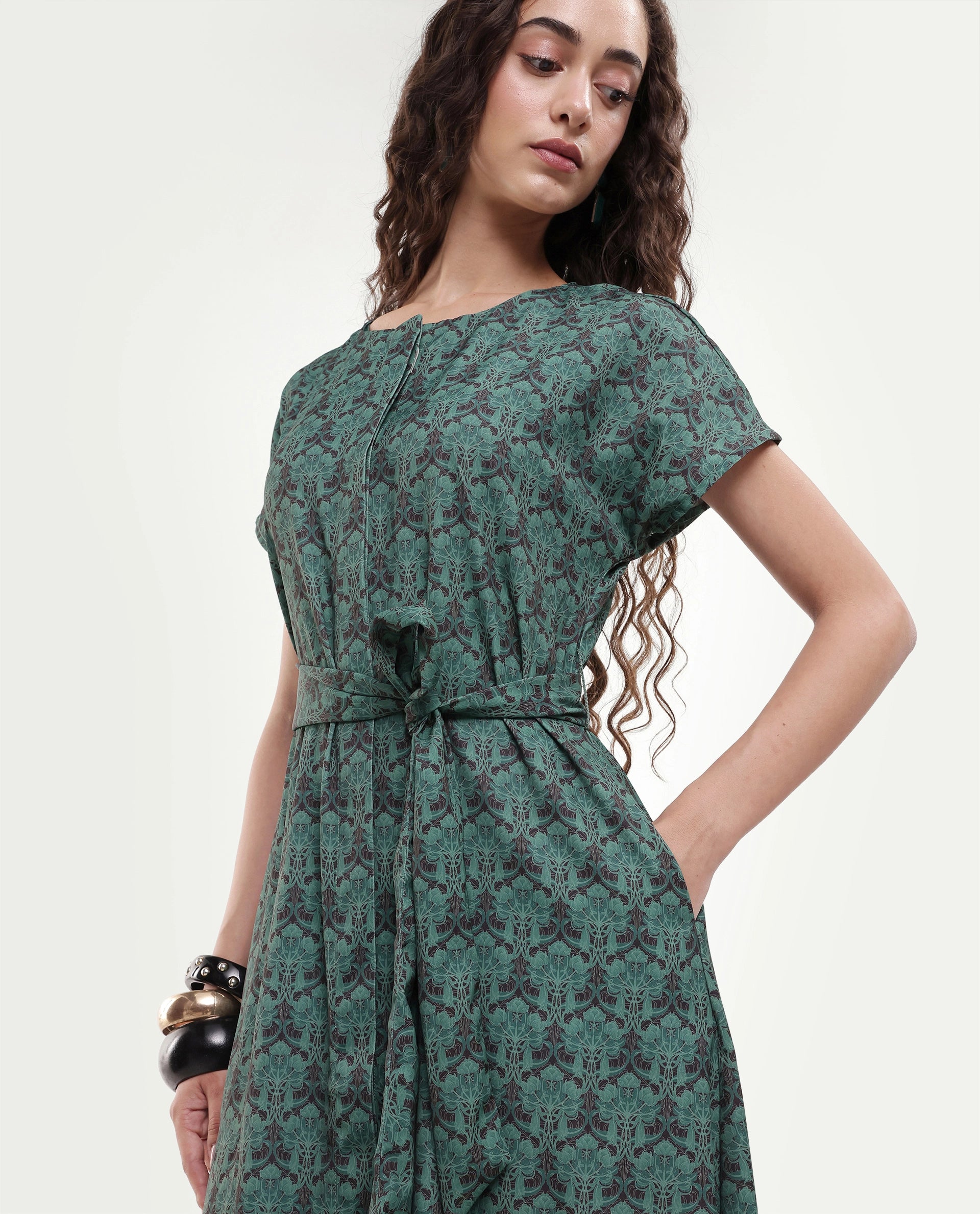 Rareism Women's Addani Dark Green Polyester Fabric Half Sleeve Crew Neck A-Line Floral Print Dress