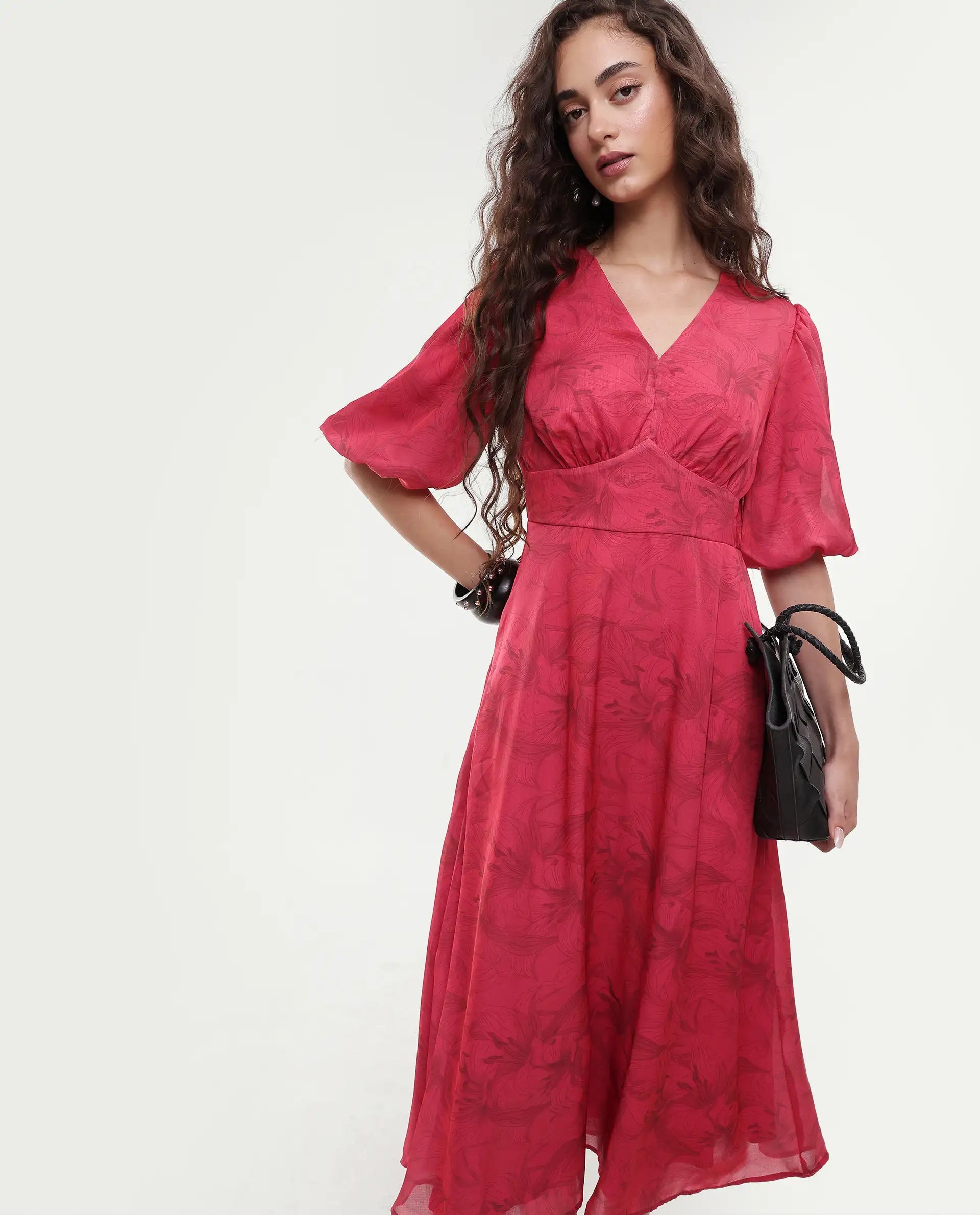 Rareism Women's Addkin Red Polyester Half Sleeve V-Neck A-Line Floral Print Dress