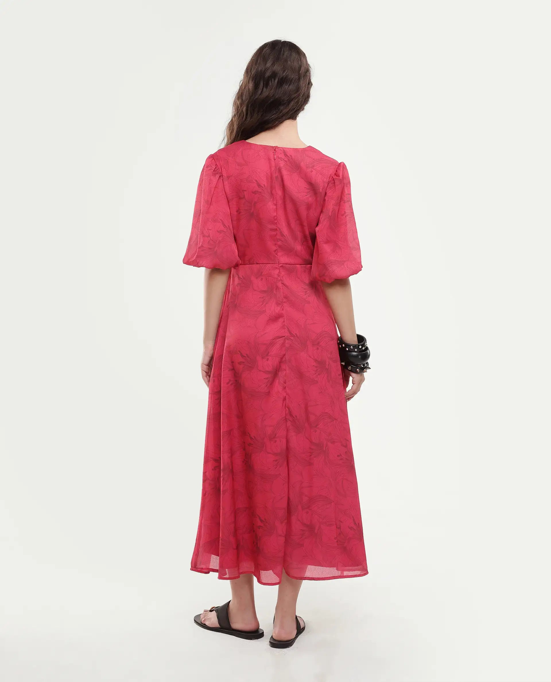 Rareism Women's Addkin Red Polyester Half Sleeve V-Neck A-Line Floral Print Dress