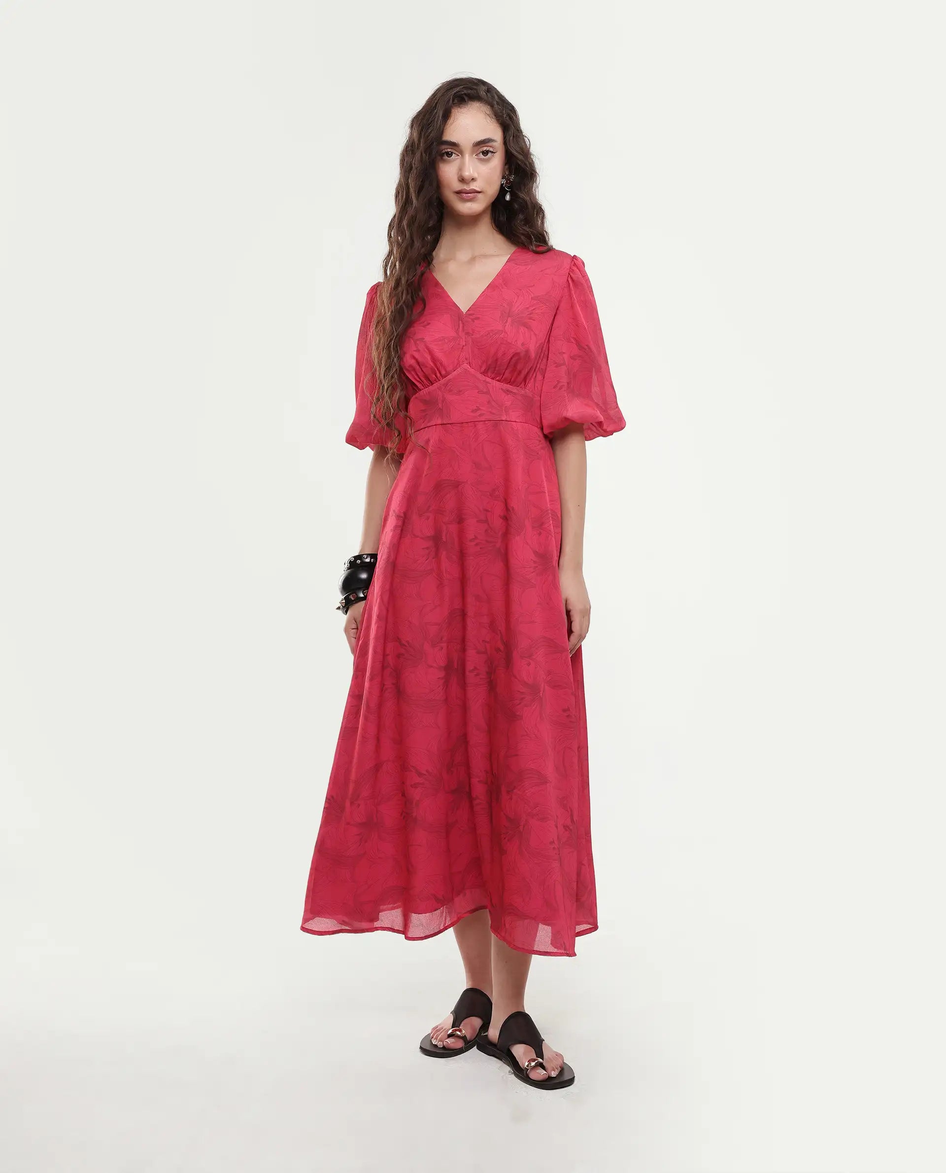 Rareism Women's Addkin Red Polyester Half Sleeve V-Neck A-Line Floral Print Dress