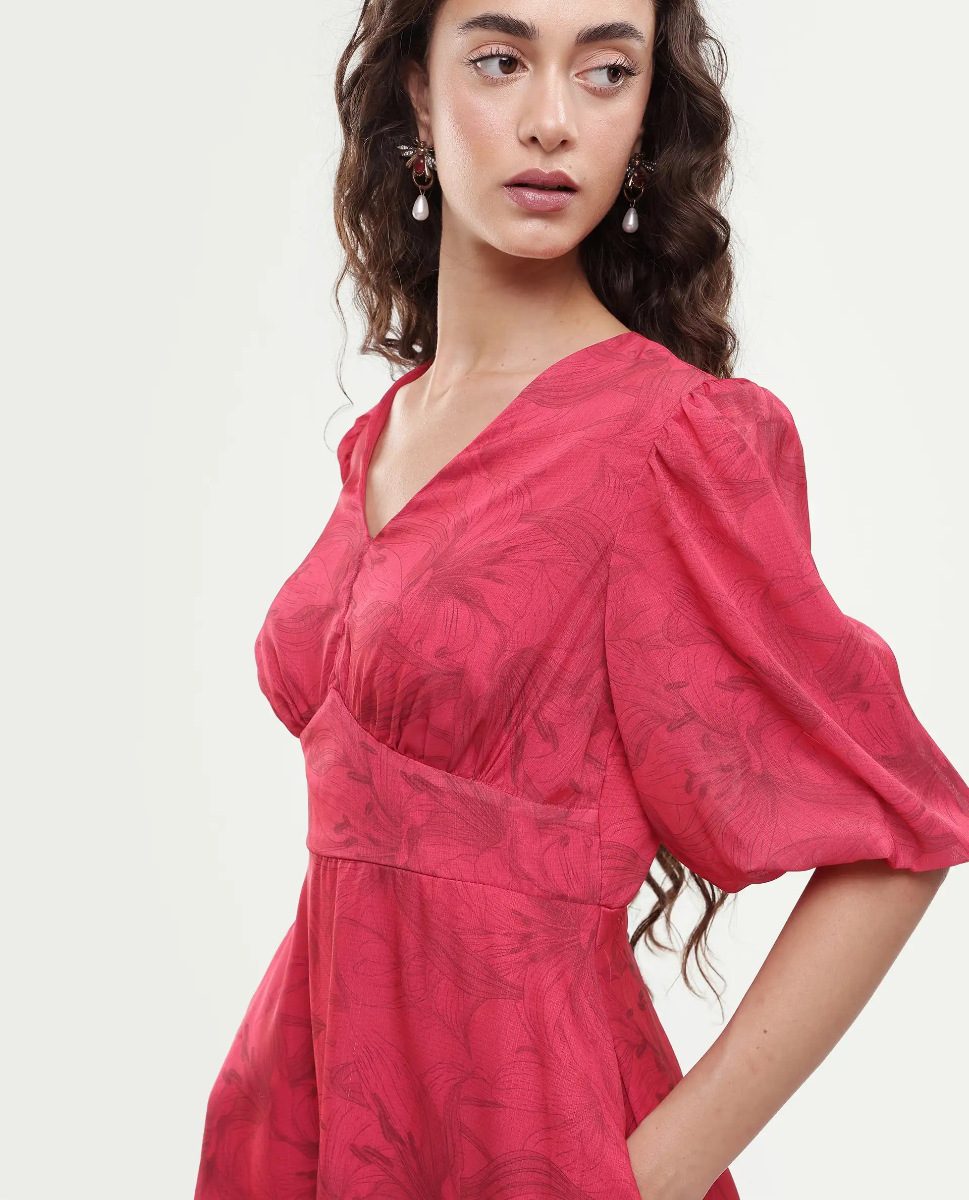 Rareism Women's Addkin Red Polyester Half Sleeve V-Neck A-Line Floral Print Dress