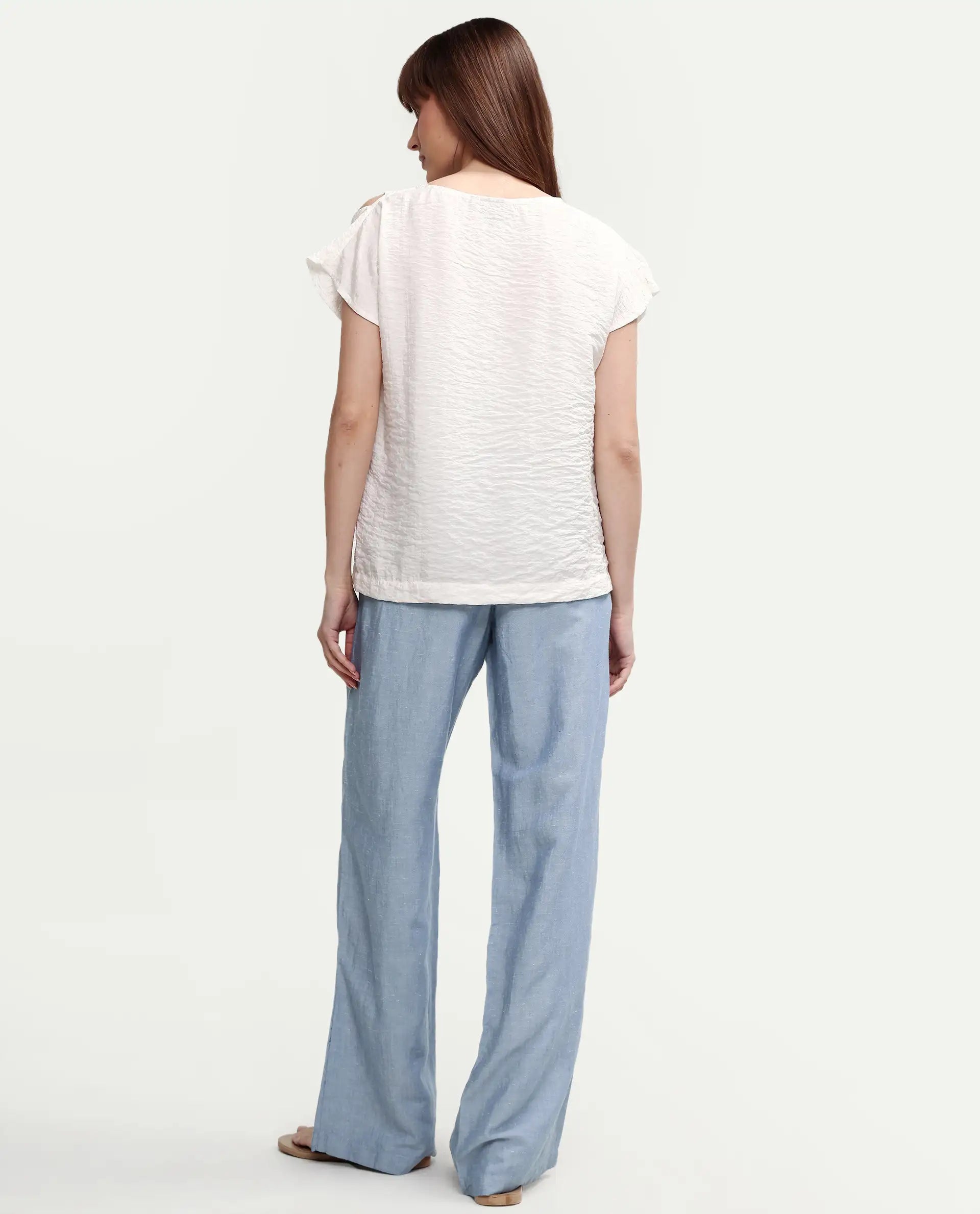 Rareism Women's Uniq Light Blue Linen Blend Fabric Straight Plain Trouser