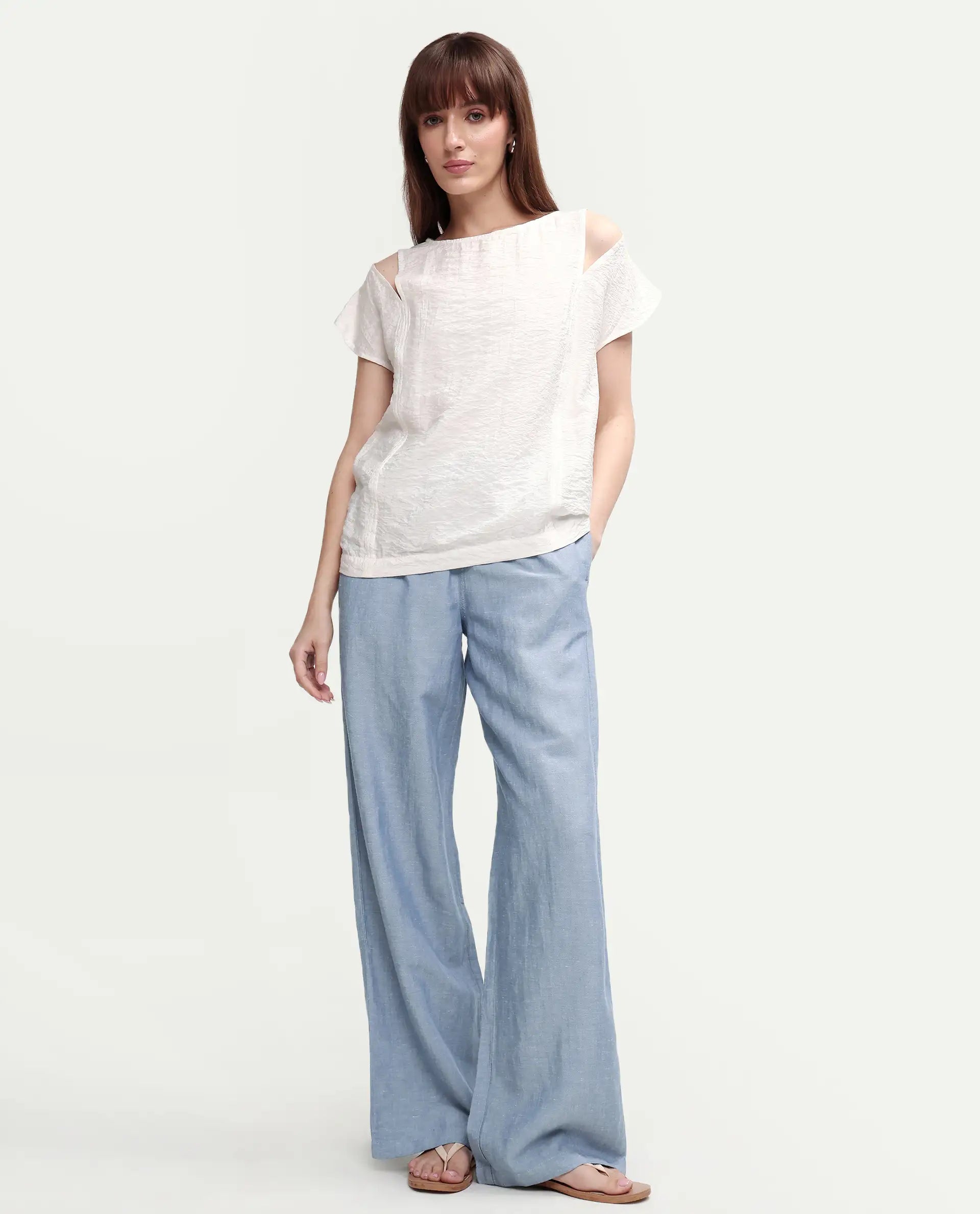Rareism Women's Uniq Light Blue Linen Blend Fabric Straight Plain Trouser