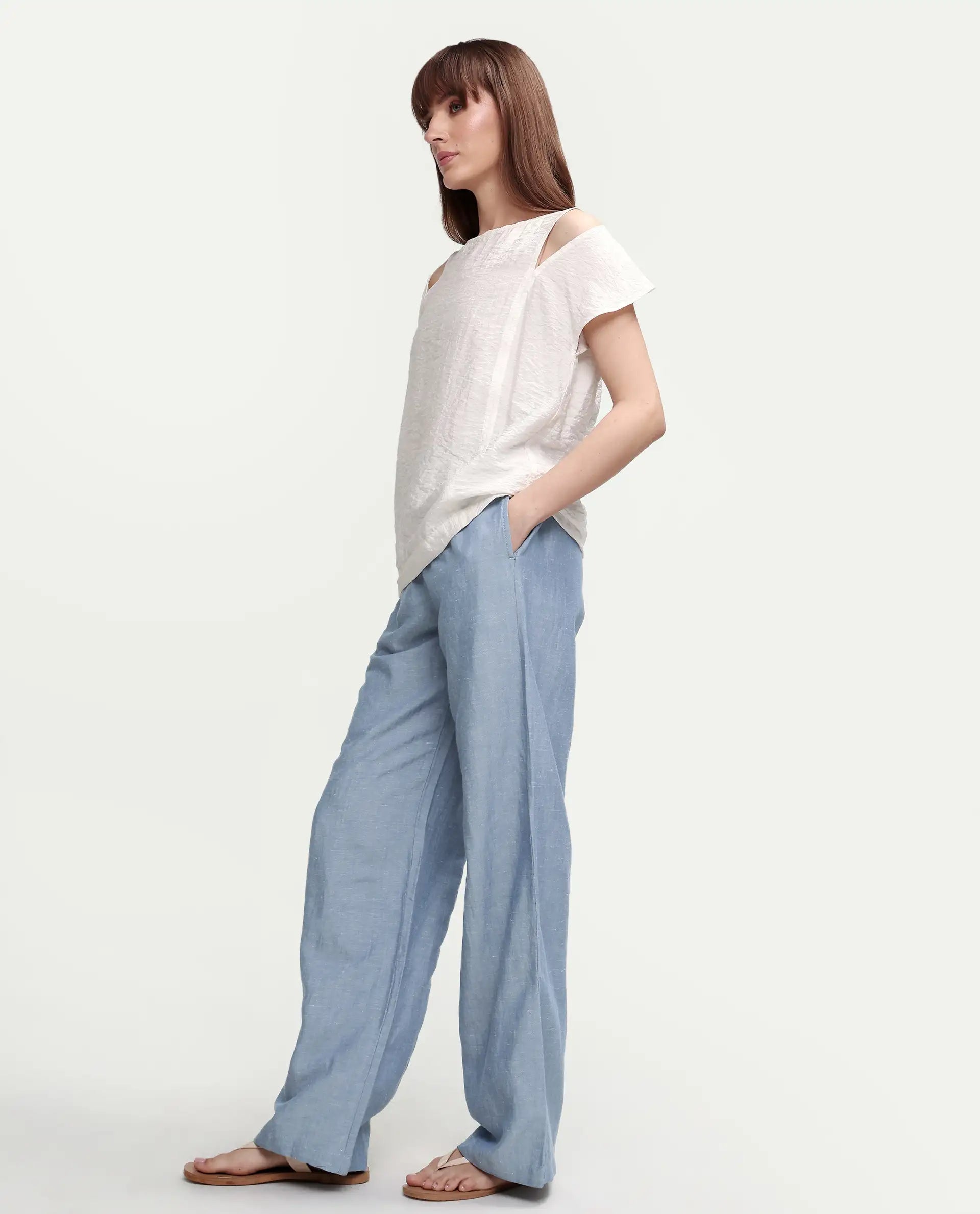 Rareism Women's Uniq Light Blue Linen Blend Fabric Straight Plain Trouser