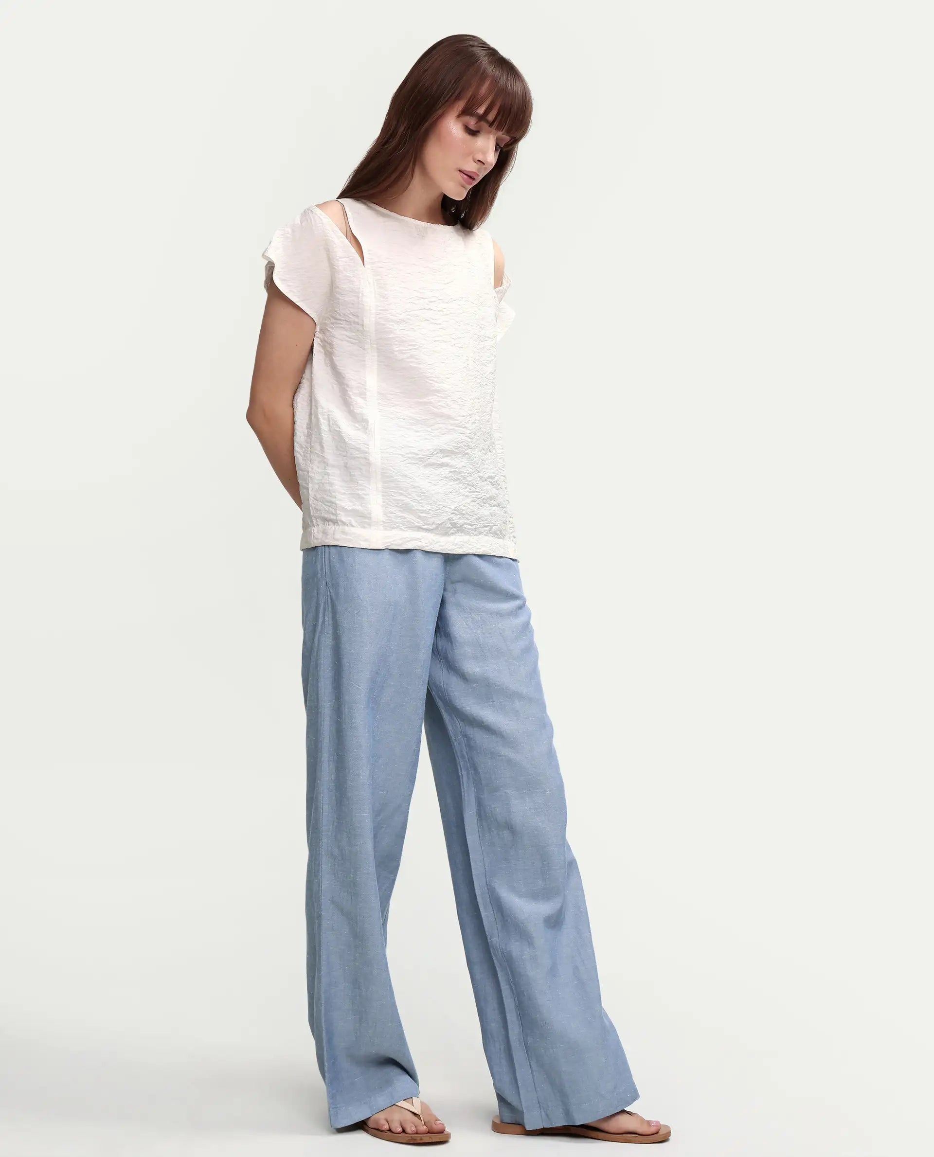 Rareism Women's Uniq Light Blue Linen Blend Fabric Straight Plain Trouser