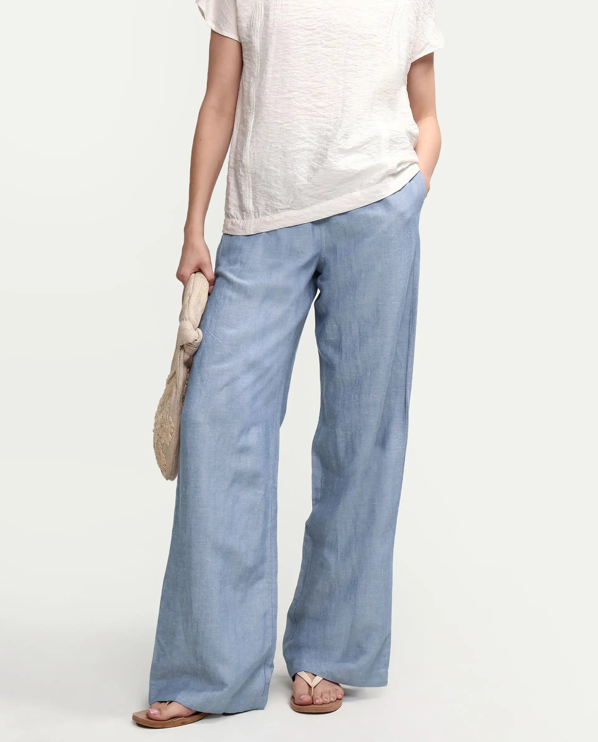 Rareism Women's Uniq Light Blue Linen Blend Fabric Straight Plain Trouser