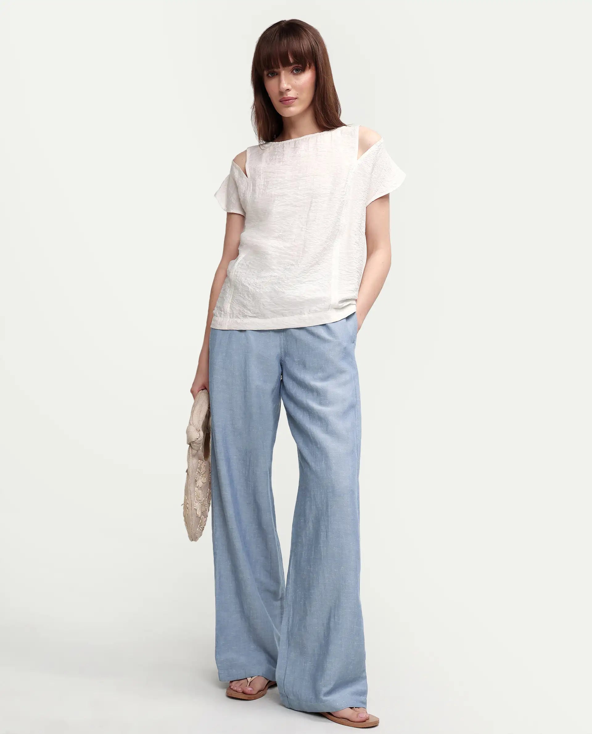 Rareism Women's Uniq Light Blue Linen Blend Fabric Straight Plain Trouser
