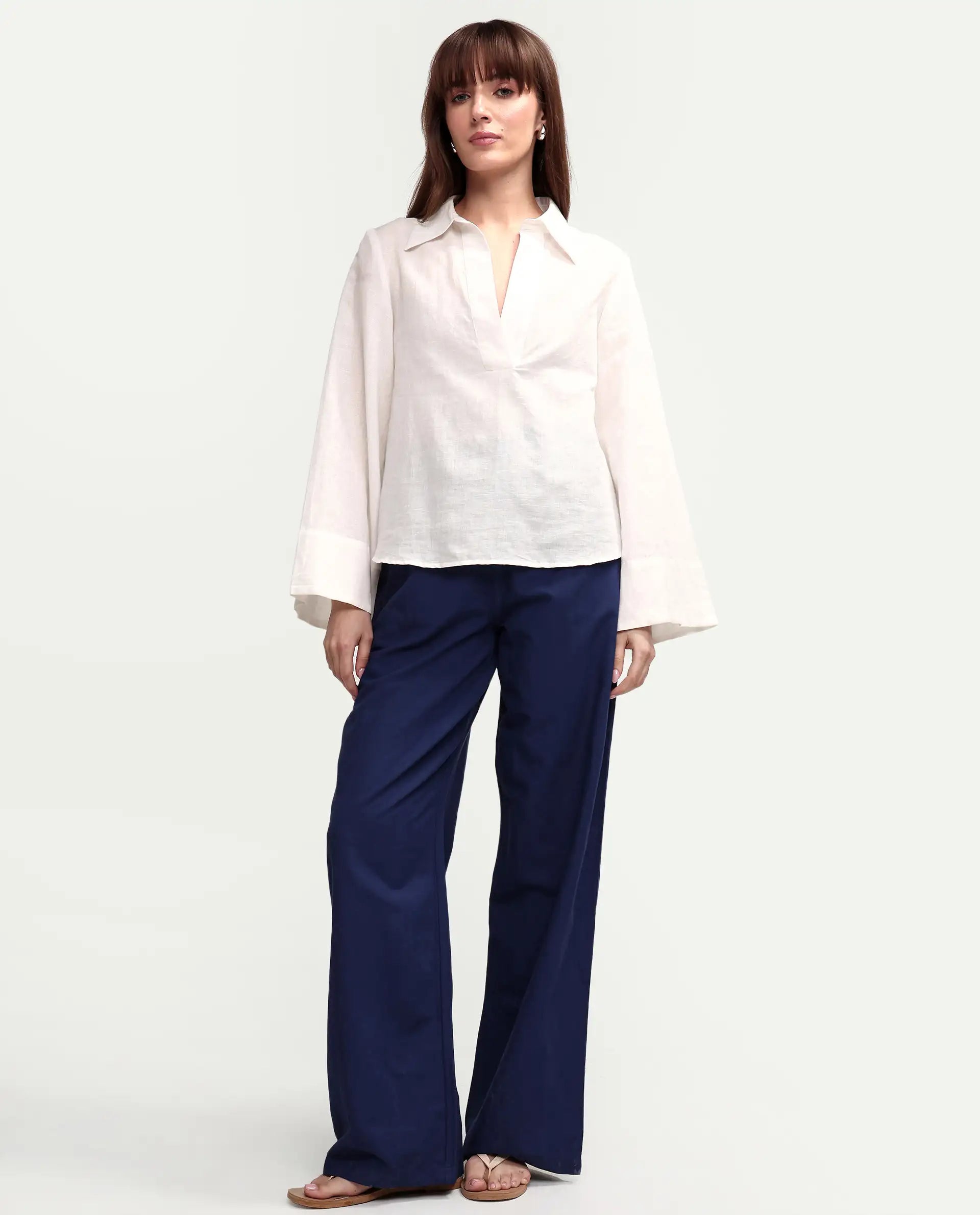 Rareism Women's Uniq Navy Linen Blend Fabric Straight Plain Trouser