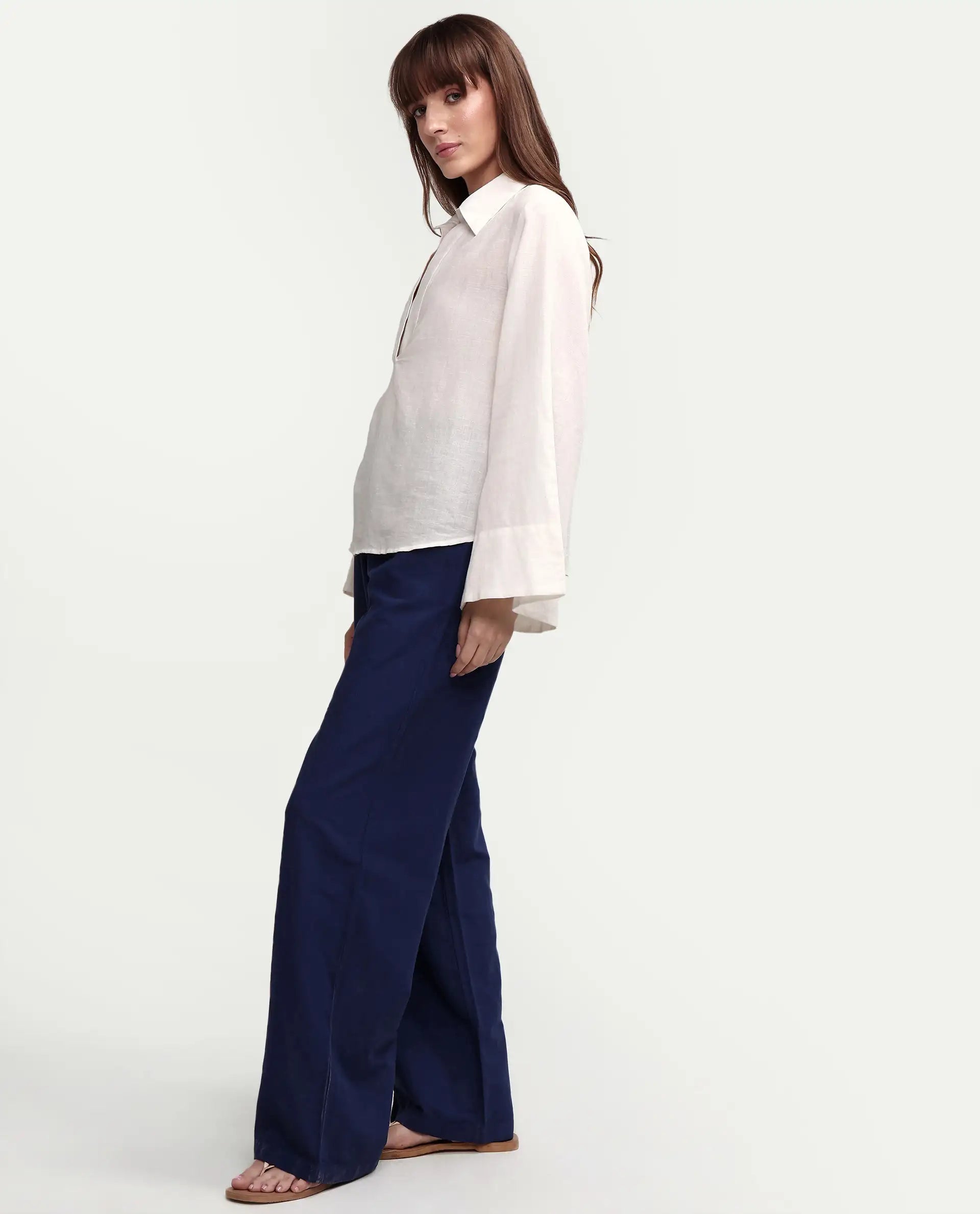 Rareism Women's Uniq Navy Linen Blend Fabric Straight Plain Trouser