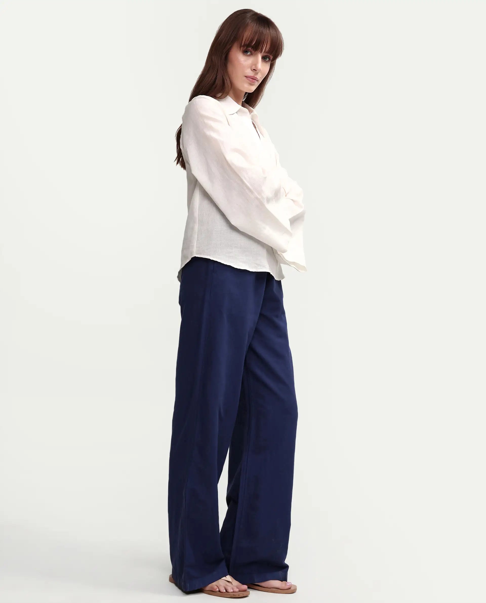 Rareism Women's Uniq Navy Linen Blend Fabric Straight Plain Trouser