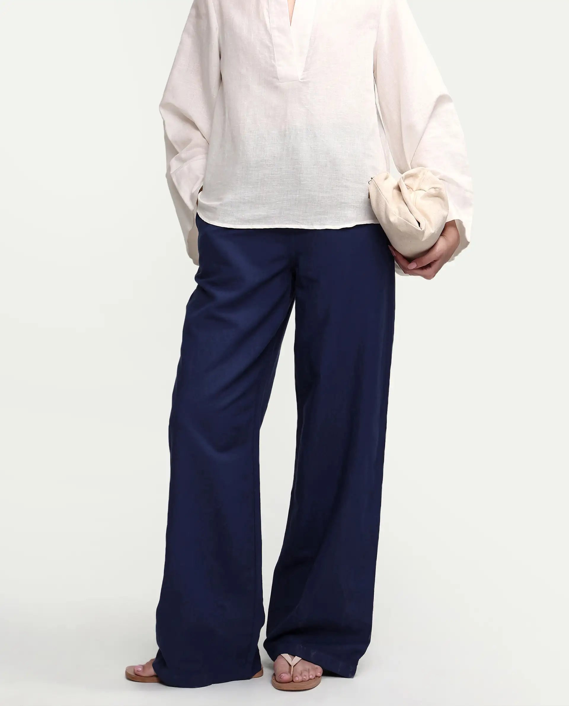 Rareism Women's Uniq Navy Linen Blend Fabric Straight Plain Trouser