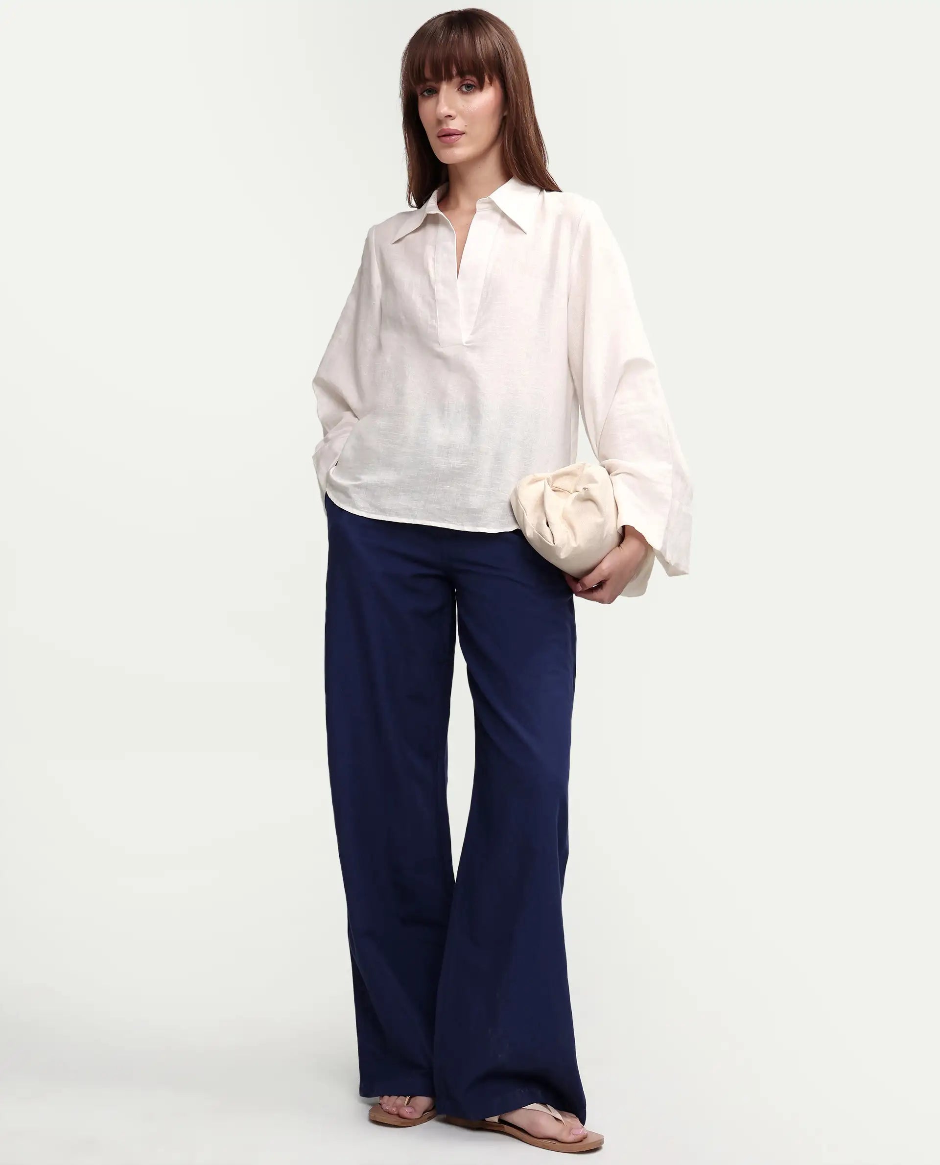 Rareism Women's Uniq Navy Linen Blend Fabric Straight Plain Trouser