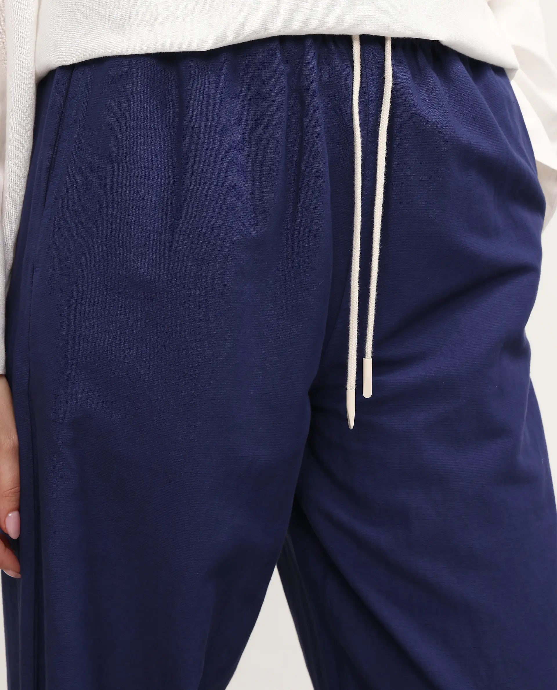 Rareism Women's Uniq Navy Linen Blend Fabric Straight Plain Trouser