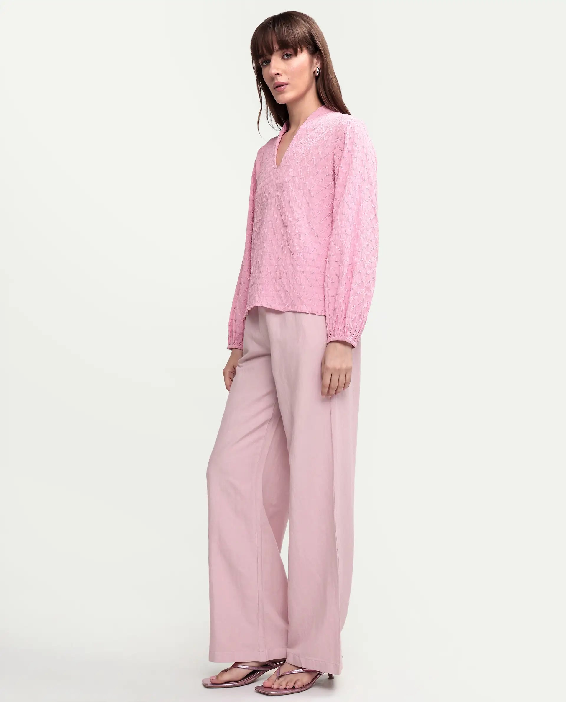 Rareism Women's Uniq Dusky Pink Linen Blend Fabric Straight Plain Trouser