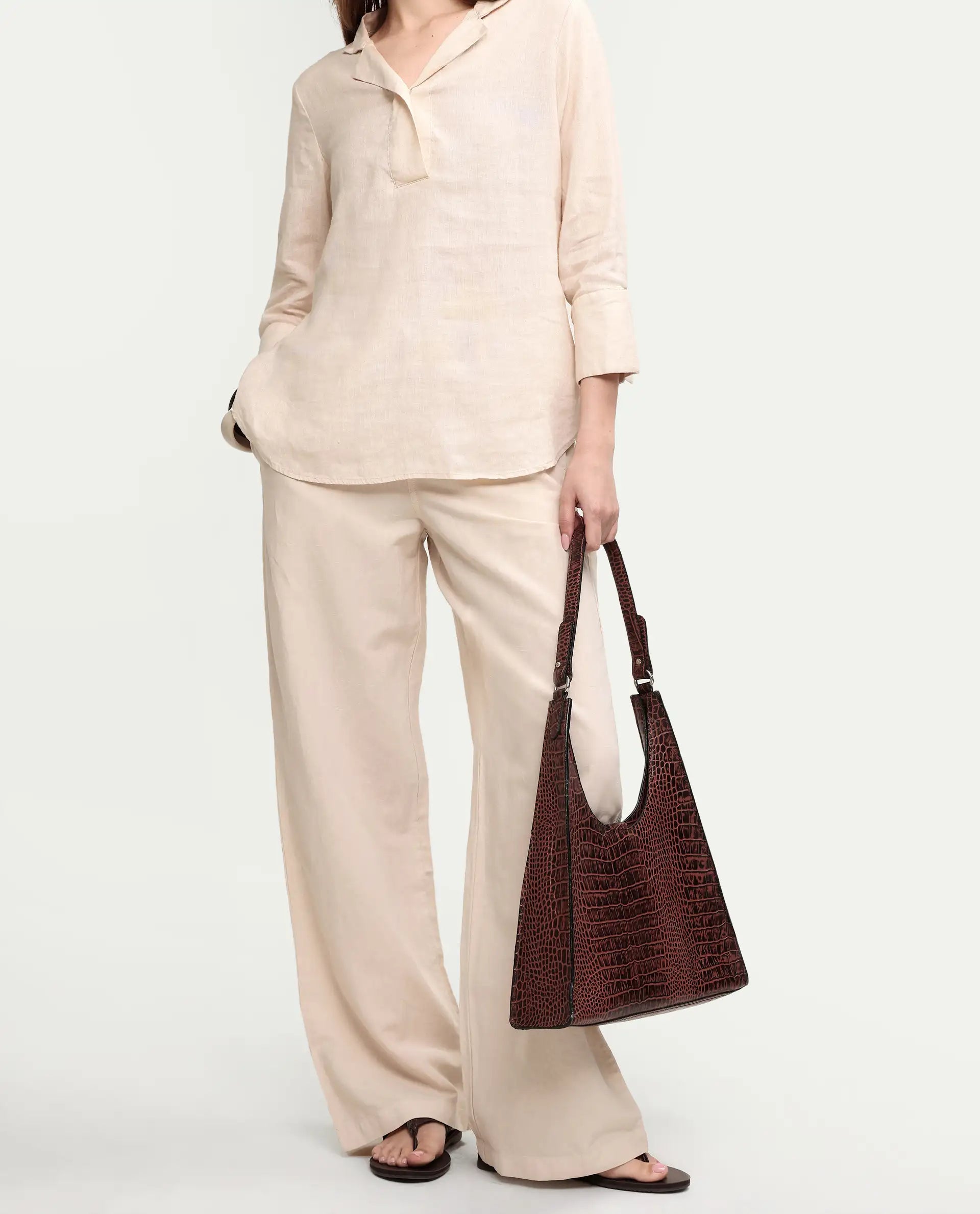 Rareism Women's Uniq Beige Linen Blend Fabric Straight Plain Trouser
