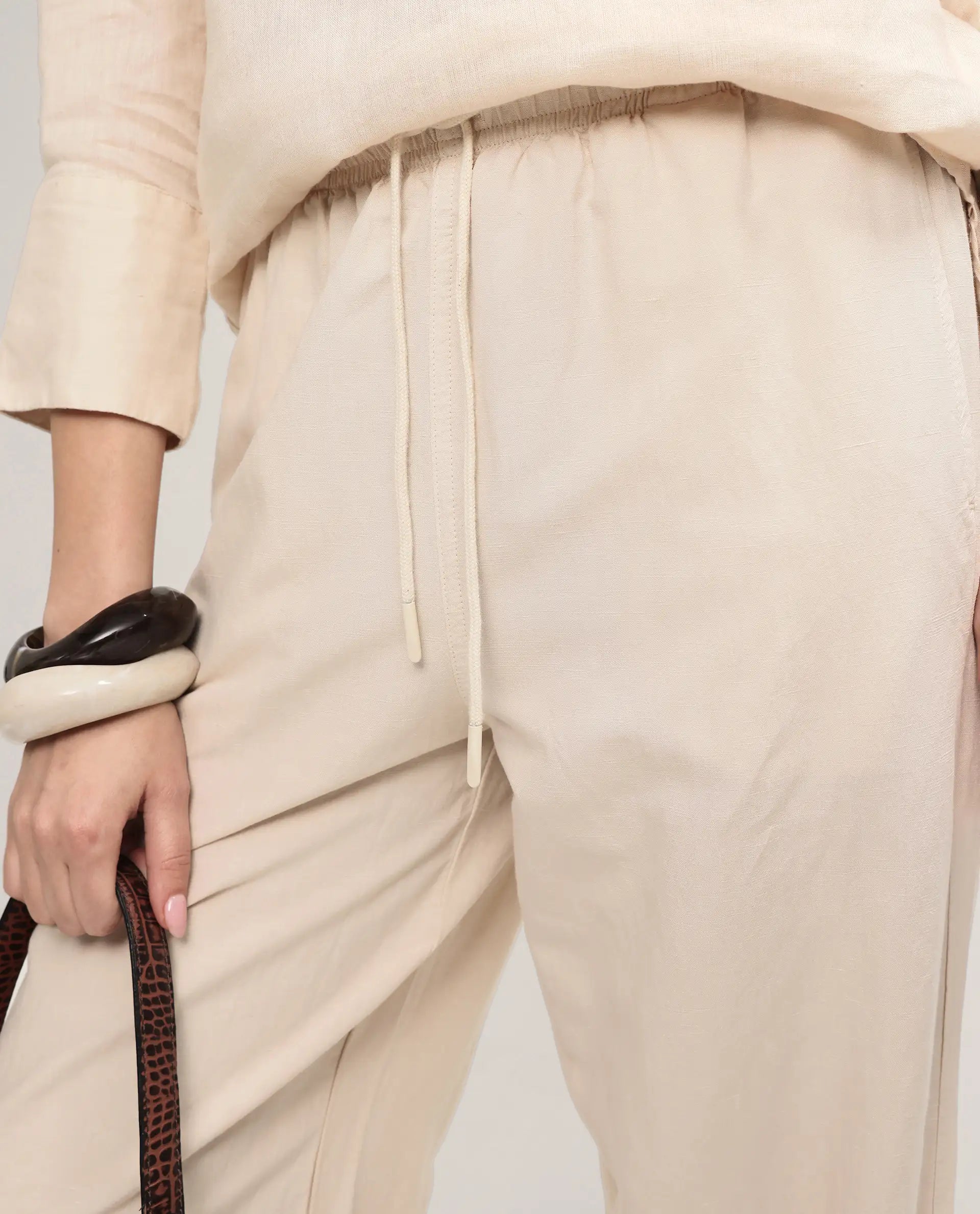Rareism Women's Uniq Beige Linen Blend Fabric Straight Plain Trouser