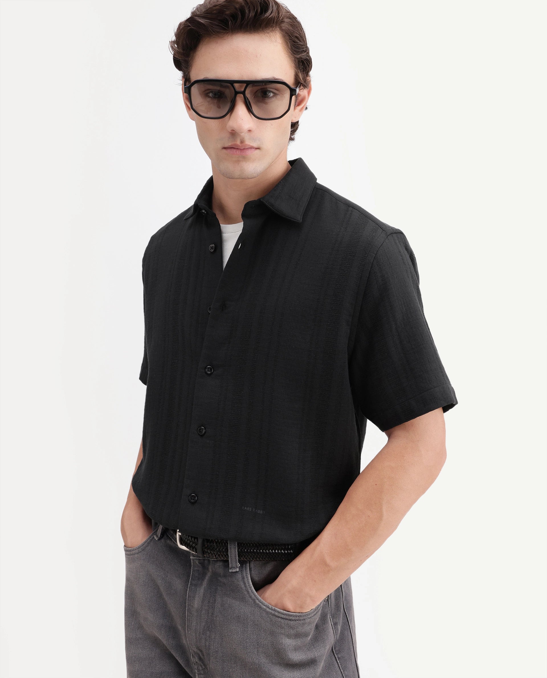 Rare Rabbit Men's Fivo Black Cotton Fabric Half Sleeve Collared Regular Fit Striped Shirt