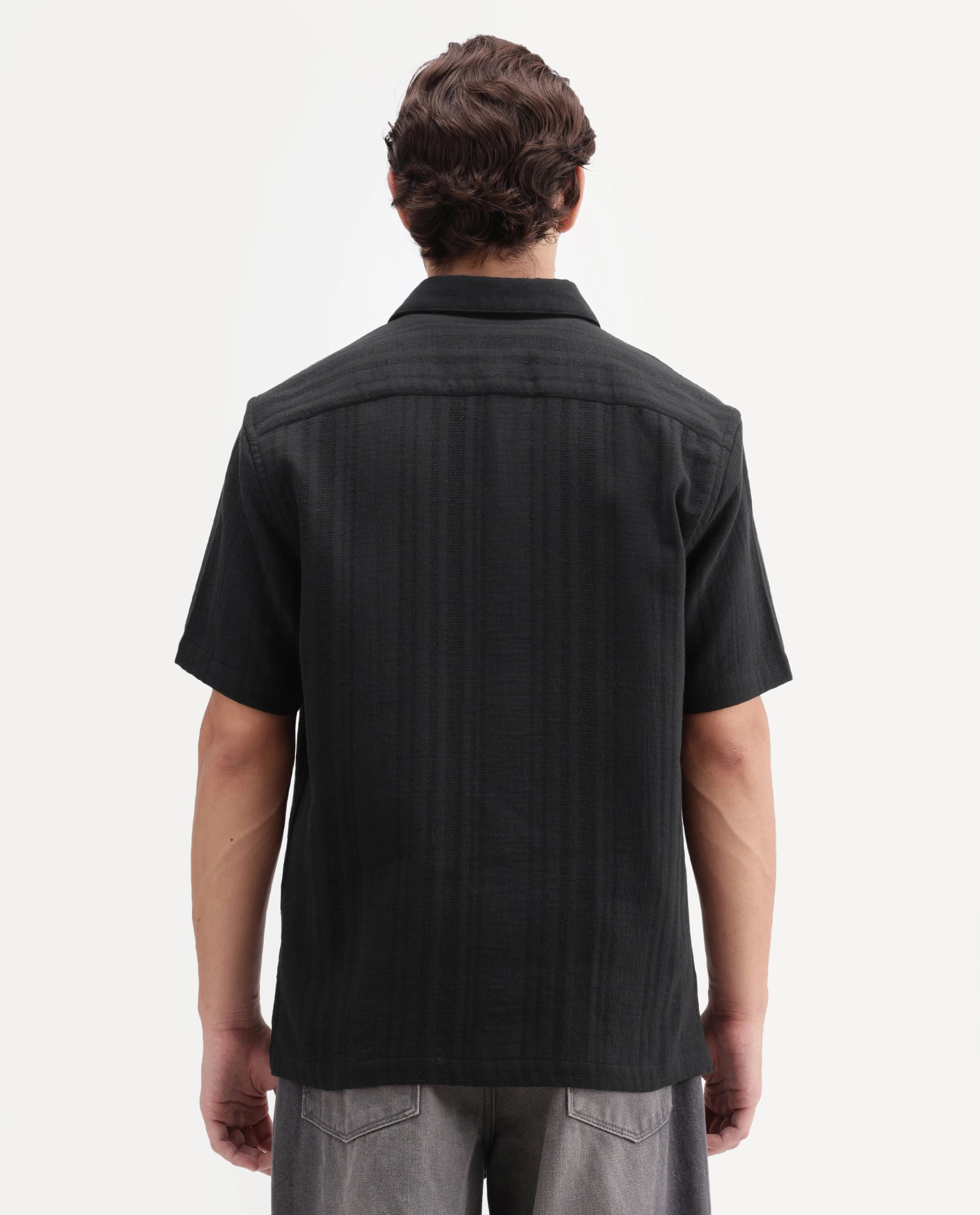 Rare Rabbit Men's Fivo Black Cotton Fabric Half Sleeve Collared Regular Fit Striped Shirt