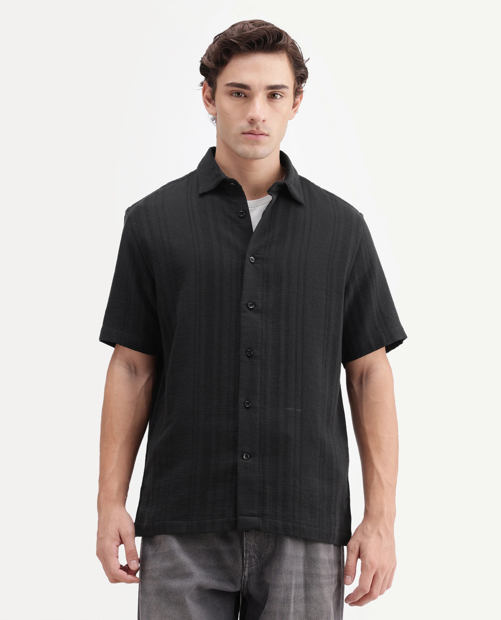 Rare Rabbit Men's Fivo Black Cotton Fabric Half Sleeve Collared Regular Fit Striped Shirt