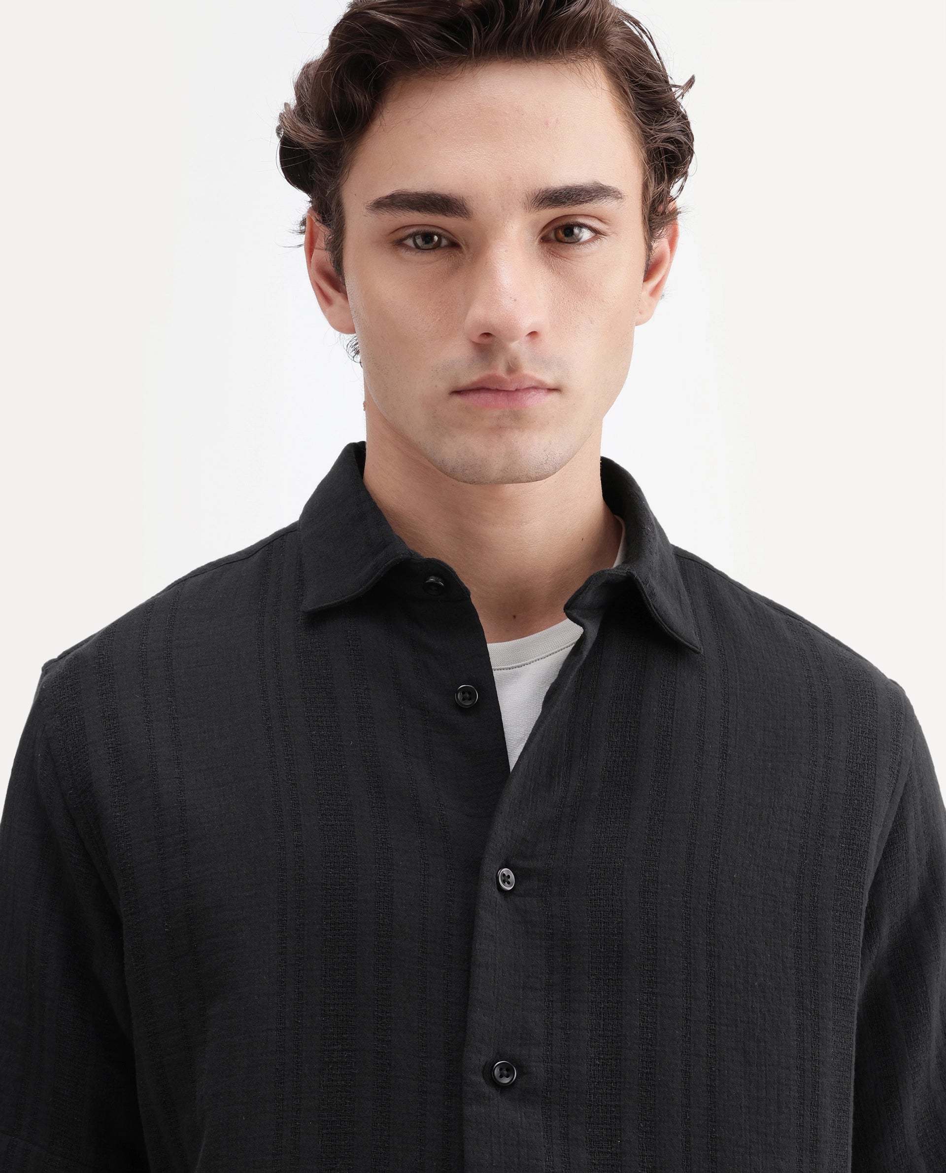 Rare Rabbit Men's Fivo Black Cotton Fabric Half Sleeve Collared Regular Fit Striped Shirt