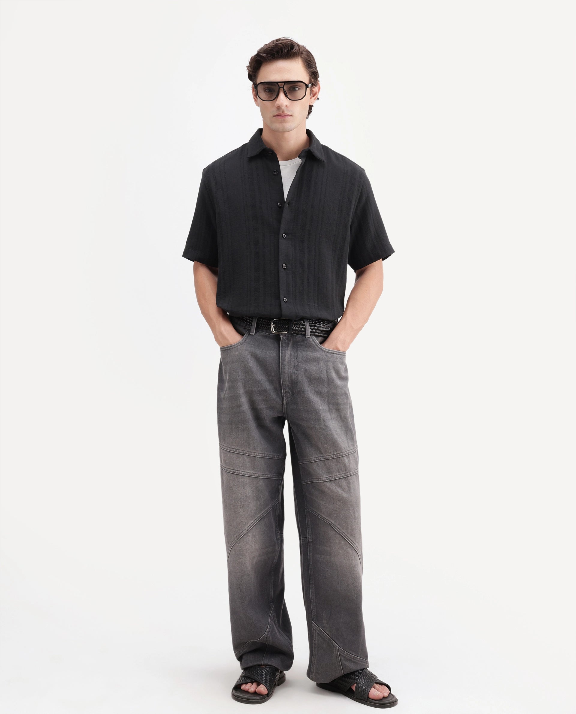 Rare Rabbit Men's Fivo Black Cotton Fabric Half Sleeve Collared Regular Fit Striped Shirt