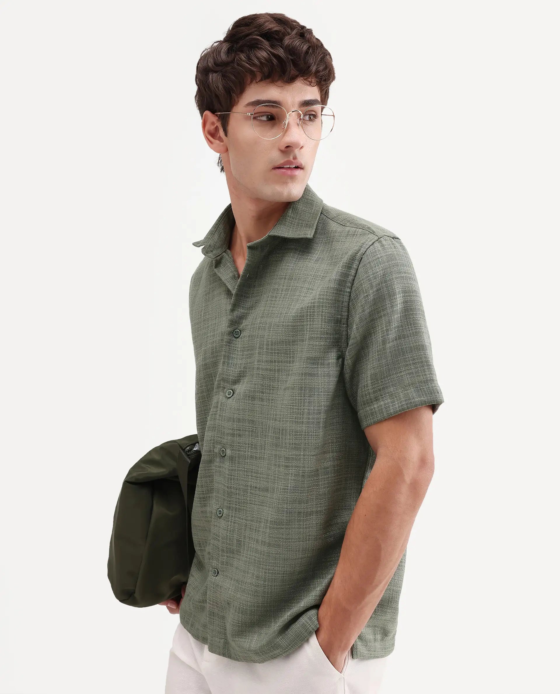 Rare Rabbit Men's Tilo Olive Polyester Fabric Half Sleeve Spread Collar Regular Fit Textured Shirt