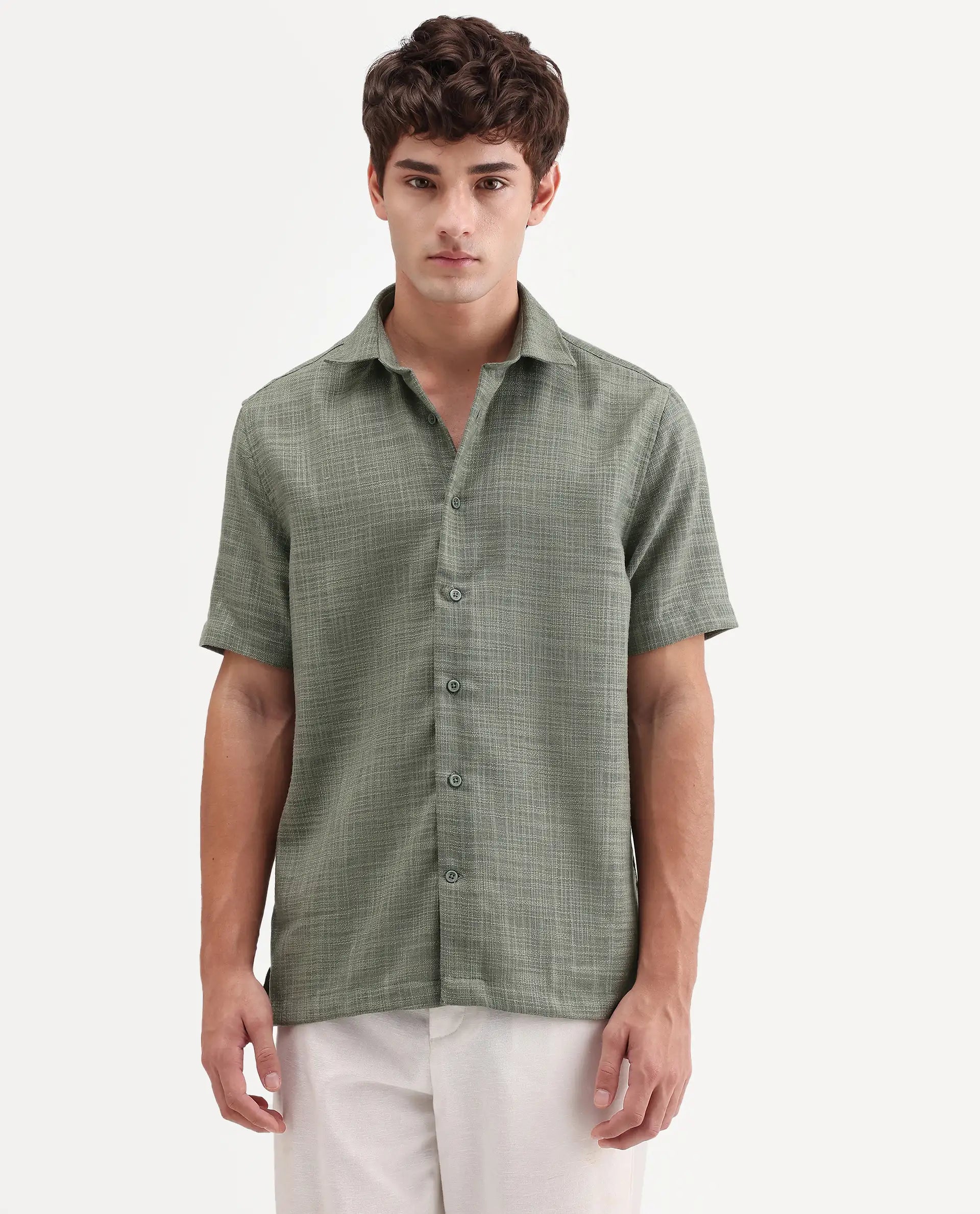 Rare Rabbit Men's Tilo Olive Polyester Fabric Half Sleeve Spread Collar Regular Fit Textured Shirt