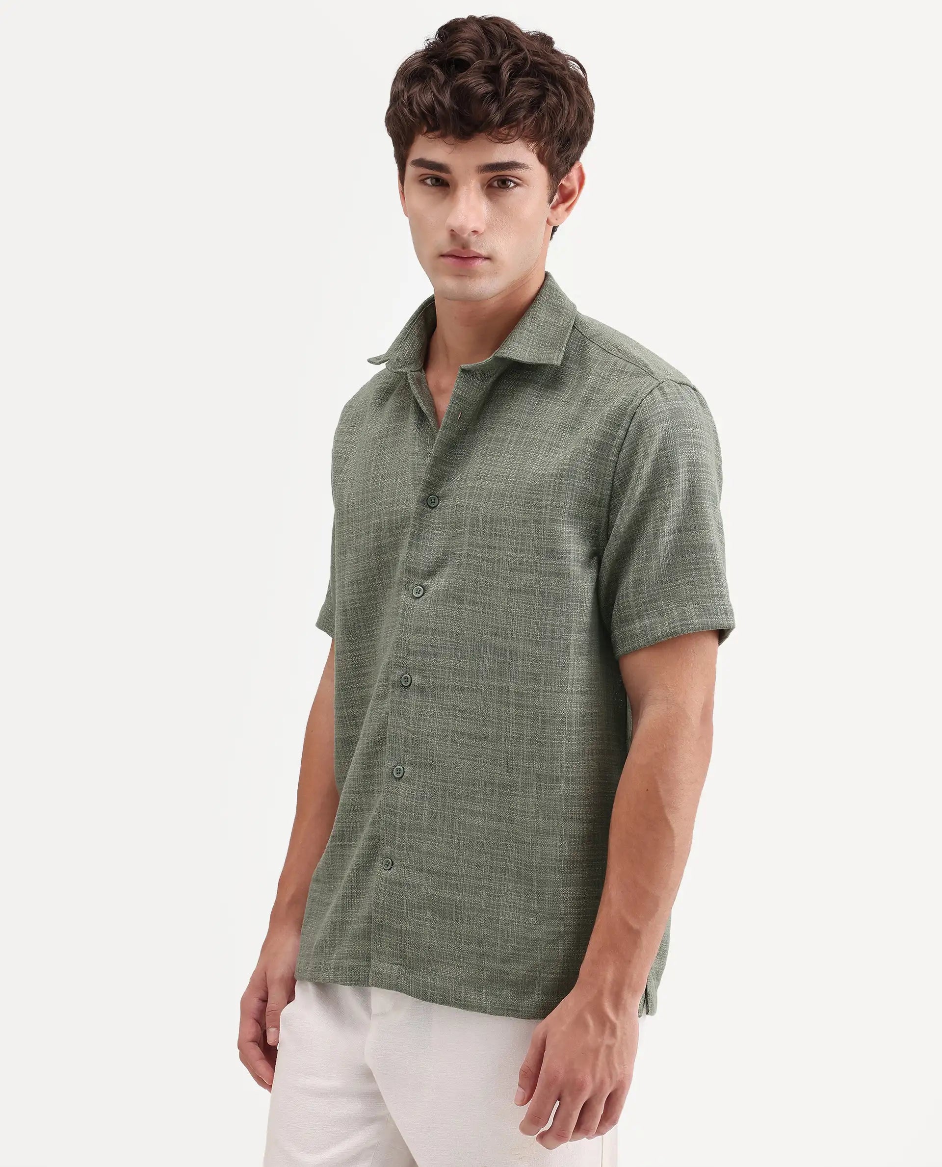 Rare Rabbit Men's Tilo Olive Polyester Fabric Half Sleeve Spread Collar Regular Fit Textured Shirt